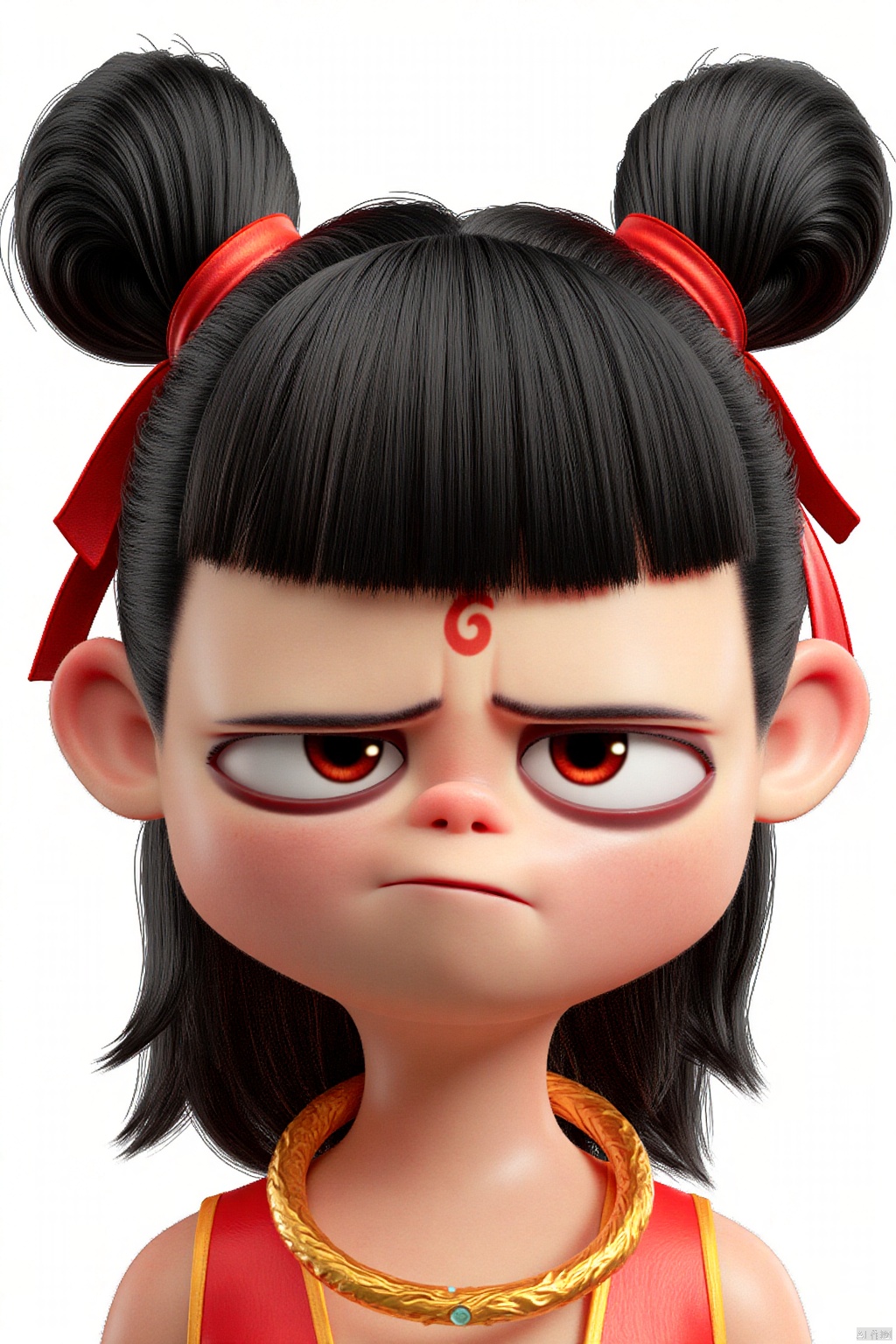 a close-up of a Japanese doll's face is depicted. The doll's head is adorned with black hair, adorned with two red ribbons tied in a bow at the top of each head. Its eyes are adorned with a red circle, adding a pop of color to the scene. Its eyebrows are a darker shade of brown, while its eyelashes are a lighter shade of red. Her eyes are a piercing of red, while her lips are pursed. She is wearing a gold necklace with a yellow design on it. Her dress is a vibrant red, with a gold strap over her shoulders. The background is a stark white, allowing the doll to be the focal point of the image.