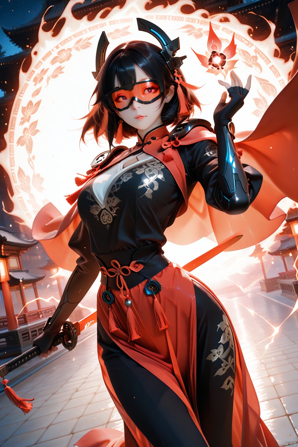 Masterpiece,best quality,ultra-detailed,detailed pupils,photography,high quality,top CG rendering,highest quality,ultra-clear,ultra-detailed,Official Art,Extremely Detailed CG,8k Wallpapers,extreme aesthetic,in the style of fashion photography,light particles,cinematic lighting,visual impact,sharp focus,depth of field,dutch angle,HD,game CG,she now has a smooth mechanical body and a futuristic sci-fi mask that reveals her sensual lips,draped in a traditional Chinese red cloak embroidered with Su embroidery. She stands confidently,holding a sword at a Dutch angle to emphasize her powerful stance. Light particles dance around her,adding a mysterious aura. The background is a dim ancient battlefield,enhancing the cinematic lighting effects and visual impact. Her posture exudes strength and elegance,capturing the essence of the female mechanical warrior