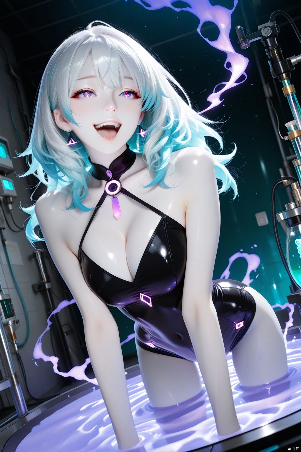 Masterpiece,best quality,ultra-detailed,detailed pupils,photography,high quality,top CG rendering,highest quality,ultra-clear,ultra-detailed,Official Art,Extremely Detailed CG,8k Wallpapers,extreme aesthetic,in the style of fashion photography,light particles,cinematic lighting,visual impact,sharp focus,depth of field,dutch angle,HD,game CG,A deranged witch with an extremely curvaceous figure, and pale, white skin stands in a modern chemistry lab. She is laughing maniacally, her pose exaggerated and dramatic. The lab is filled with various colorful potions and vials, emitting vibrant, swirling smoke. The lighting is harsh and stark, casting deep shadows that accentuate the chaotic environment. The composition focuses on the witch's intense expression and the dynamic action of her laughter, with the lab equipment and glowing concoctions framing her from behind.