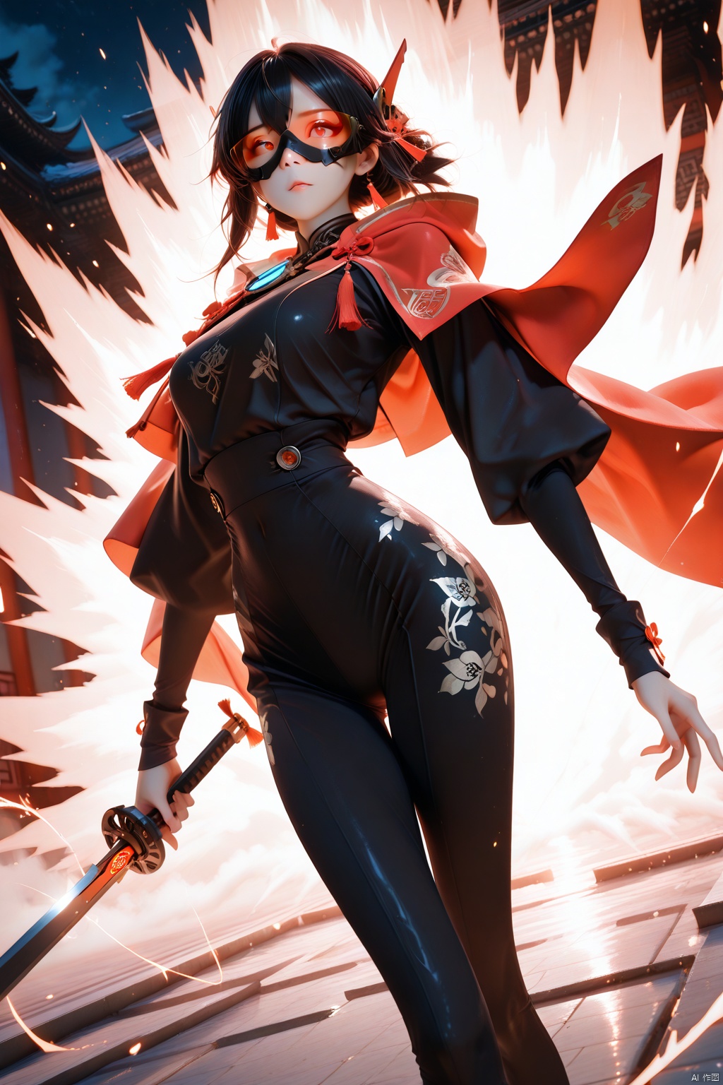Masterpiece,best quality,ultra-detailed,detailed pupils,photography,high quality,top CG rendering,highest quality,ultra-clear,ultra-detailed,Official Art,Extremely Detailed CG,8k Wallpapers,extreme aesthetic,in the style of fashion photography,light particles,cinematic lighting,visual impact,sharp focus,depth of field,dutch angle,HD,game CG,she now has a smooth mechanical body and a futuristic sci-fi mask that reveals her sensual lips,draped in a traditional Chinese red cloak embroidered with Su embroidery. She stands confidently,holding a sword at a Dutch angle to emphasize her powerful stance. Light particles dance around her,adding a mysterious aura. The background is a dim ancient battlefield,enhancing the cinematic lighting effects and visual impact. Her posture exudes strength and elegance,capturing the essence of the female mechanical warrior
