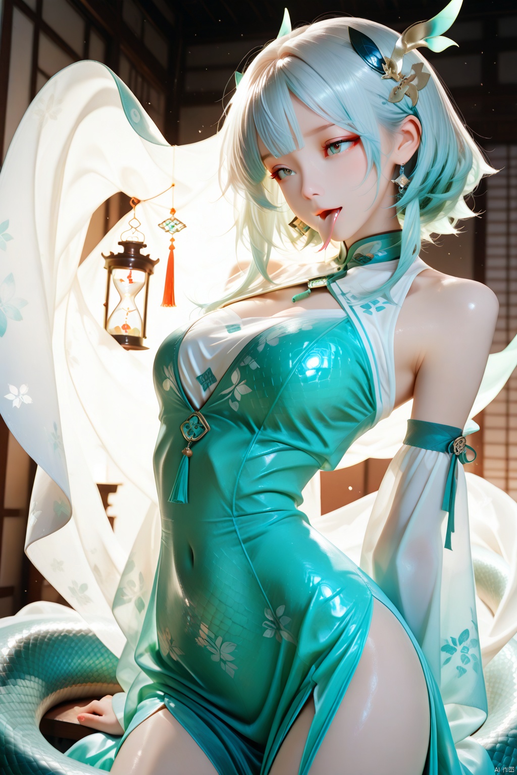 Masterpiece,best quality,ultra-detailed,detailed pupils,photography,high quality,top CG rendering,highest quality,ultra-clear,ultra-detailed,Official Art,Extremely Detailed CG,8k Wallpapers,extreme aesthetic,in the style of fashion photography,light particles,cinematic lighting,visual impact,sharp focus,depth of field,dutch angle,HD,game CG,A girl with an extremely beautiful head, featuring snake-like eyes and a forked tongue, wearing scales instead of clothes. Her body is covered in smooth, reflective blue-green scales that glisten under the lighting. She stands in a provocative pose, showcasing her hourglass figure with a slim waist and full hips. The scene is set in a dimly lit, eerie environment, with shadows enhancing the curves of her body and the shine of her scales.