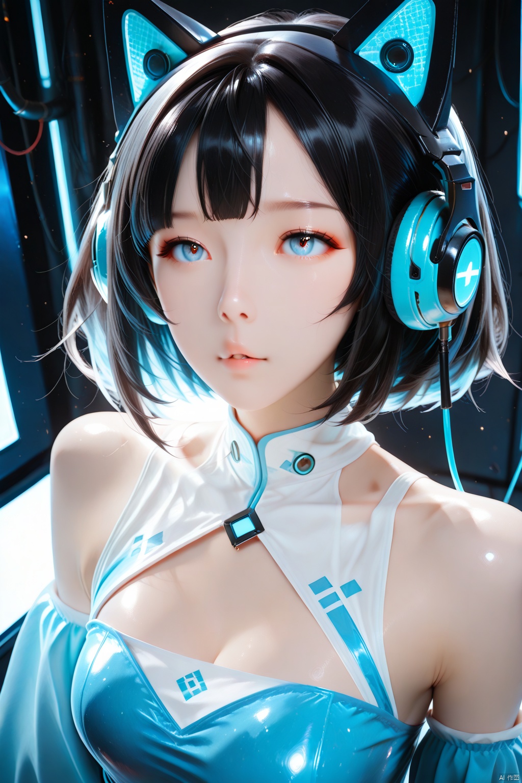 Masterpiece,best quality,ultra-detailed,detailed pupils,photography,high quality,top CG rendering,highest quality,ultra-clear,ultra-detailed,Official Art,Extremely Detailed CG,8k Wallpapers,extreme aesthetic,in the style of fashion photography,light particles,cinematic lighting,visual impact,sharp focus,depth of field,dutch angle,HD,game CG,1girl, solo, breasts, looking at viewer, short hair, bangs, blue eyes, black hair, animal ears, bare shoulders, medium breasts, upper body, parted lips, detached sleeves, open clothes, cat ears, lips, parted bangs, fake animal ears, headphones, science fiction, realistic, cable, animal ear headphones, cat ear headphones, cyberpunk,XH,dw
