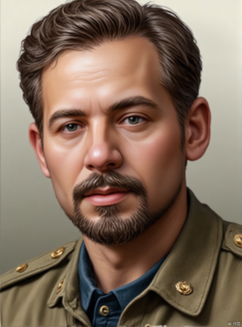 solo, 1boy, upper body, male focus, military, military uniform, facial hair, realistic, manly, collared shirt, film texture, oil painting texture, high contrast, highlights