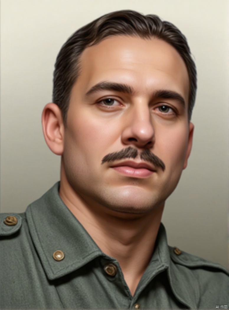solo, 1boy, upper body, male focus, military, military uniform, facial hair, realistic, manly, collared shirt, film texture, oil painting texture, high contrast, highlights