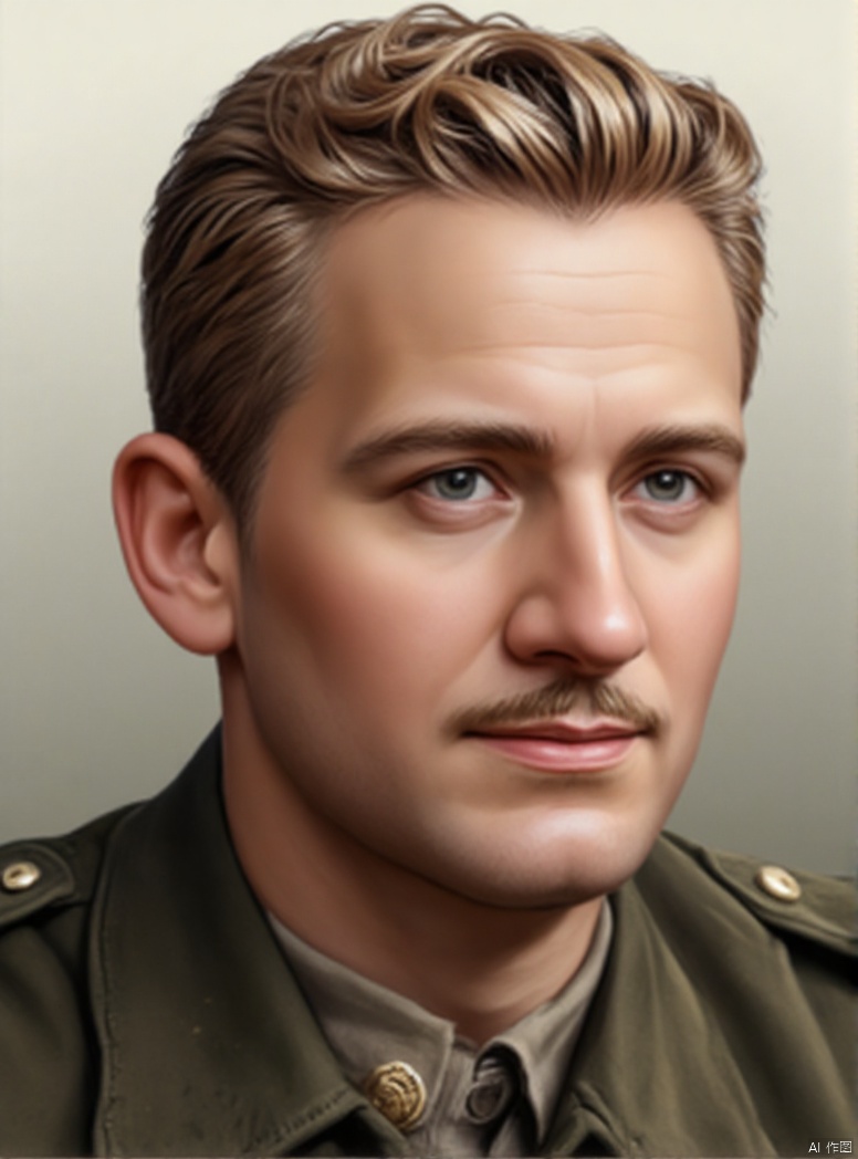 solo, 1boy, upper body, male focus, military, military uniform, facial hair, realistic, manly, collared shirt, film texture, oil painting texture, high contrast, highlights