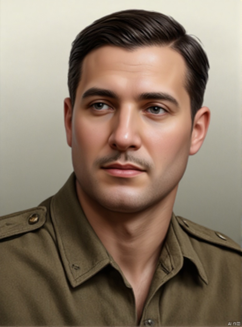 solo, 1boy, upper body, male focus, military, military uniform, facial hair, realistic, manly, collared shirt, film texture, oil painting texture, high contrast, highlights