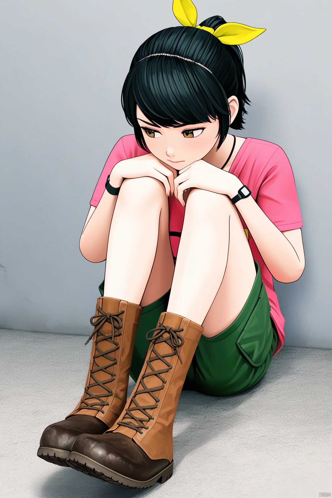 1girl,Pink t-shirt,ponytail,Hair ribbon,Green shorts,boots,best_legs_up