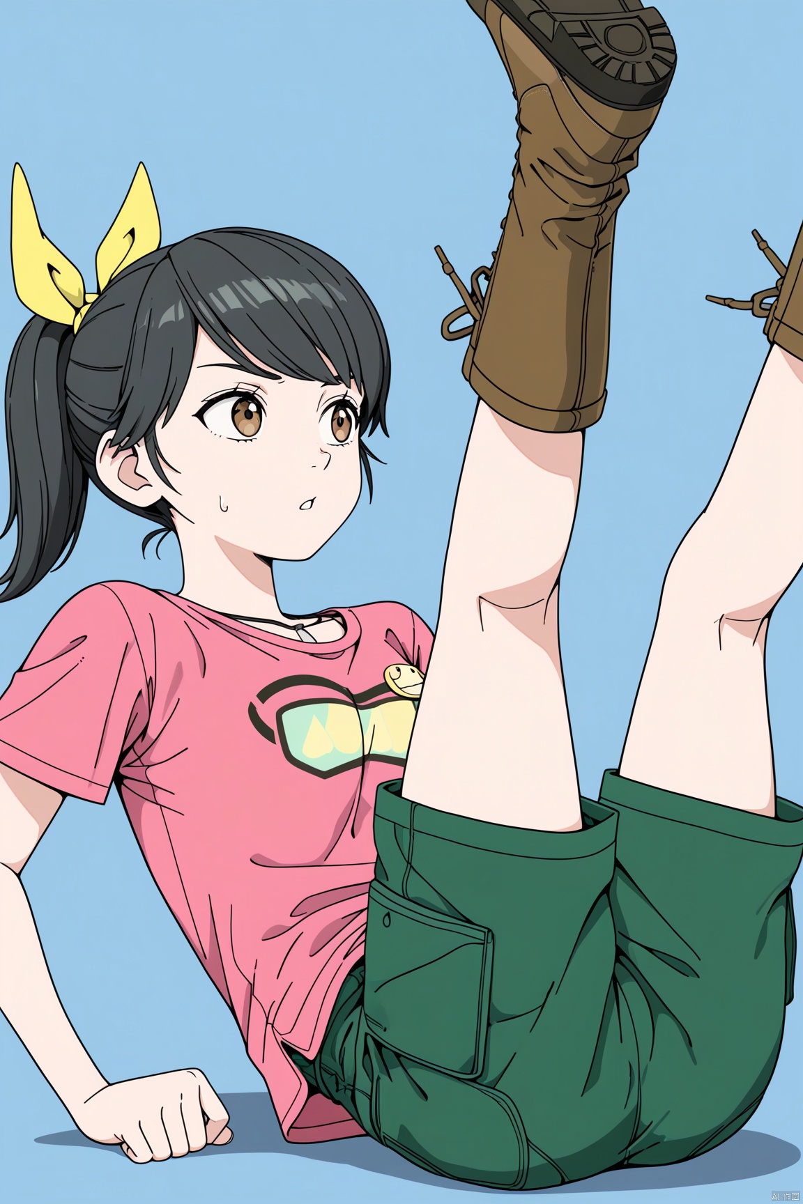 1girl,Pink t-shirt,ponytail,Hair ribbon,Green shorts,boots,best_legs_up