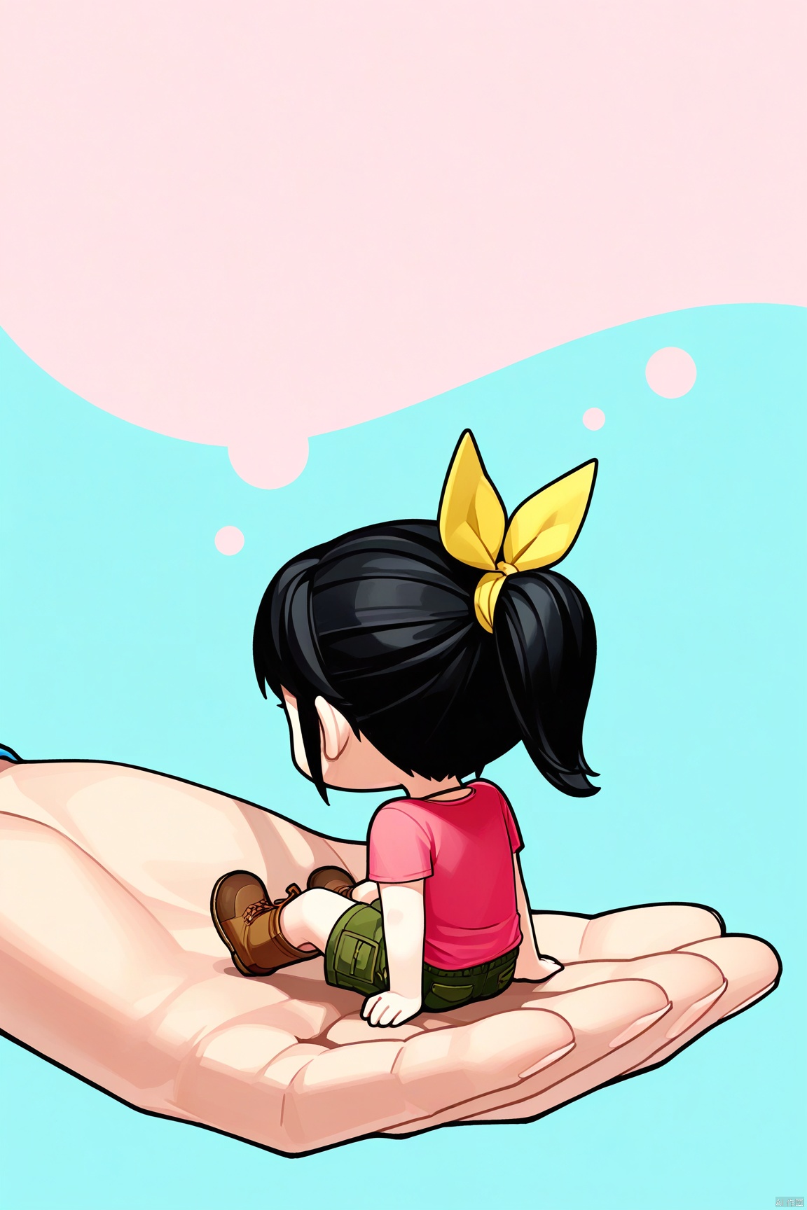 1girl,hair ribbon,black hair,Pink t-shirt,boots,Hair ribbon,Green shorts,ponytail,chibi, in palm, minigirl, sitting