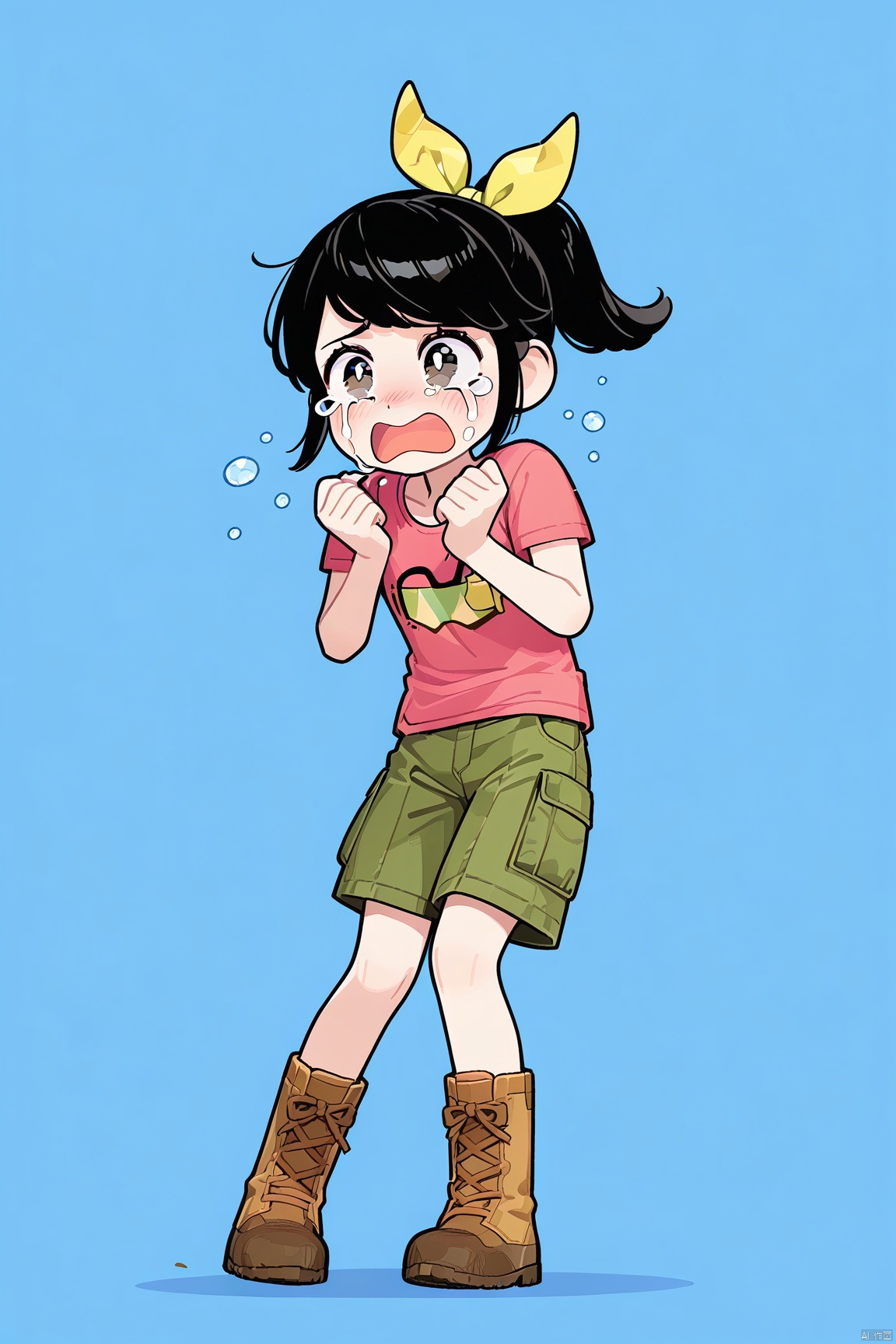1girl,black hair,hair ribbon,Pink t-shirt,boots,Hair ribbon,Green shorts,ponytail,crying_tearing up_tears_blush_open mouth