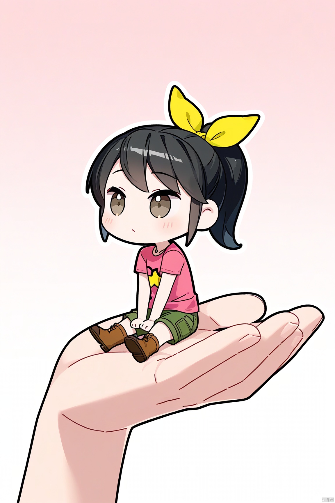 1girl,black hair,hair ribbon,Pink t-shirt,boots,Hair ribbon,Green shorts,ponytail,chibi, in palm, minigirl, sitting