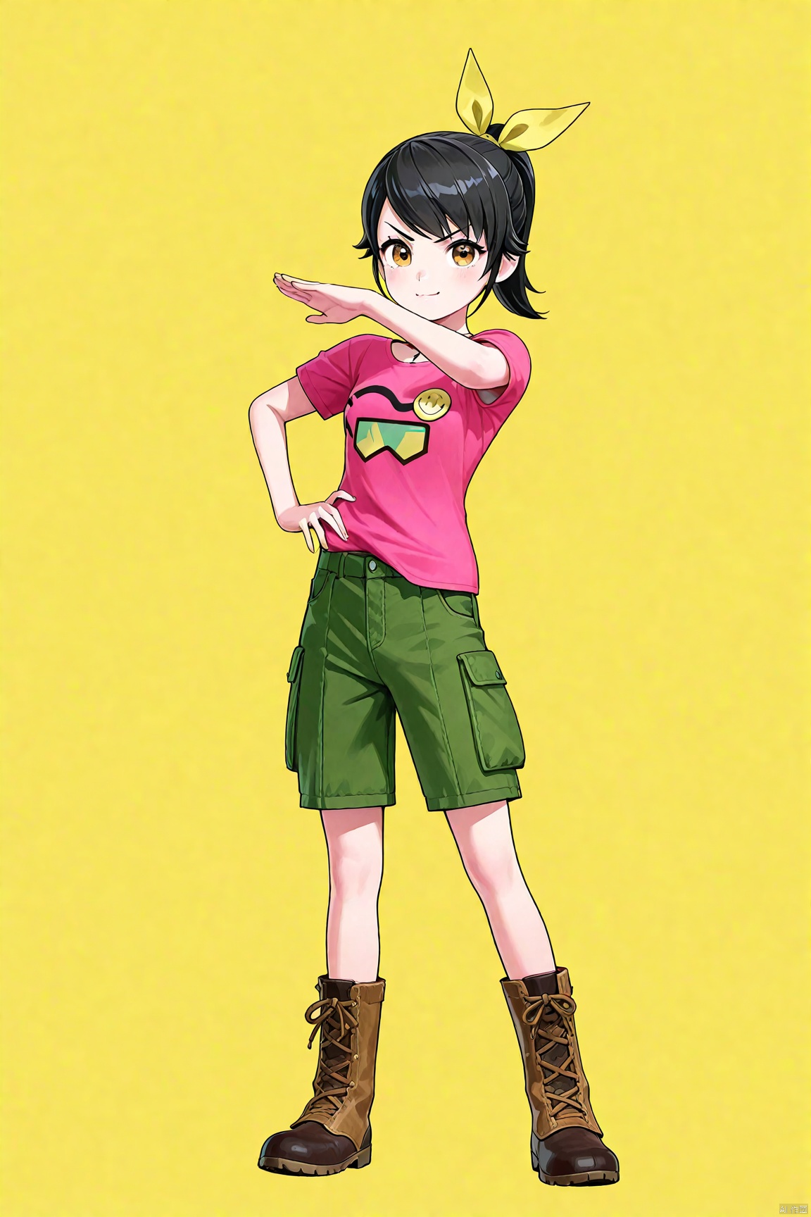 1girl, ponytail,Hair ribbon,Pink t-shirt,Green shorts,boots,ojou-sama_pose 