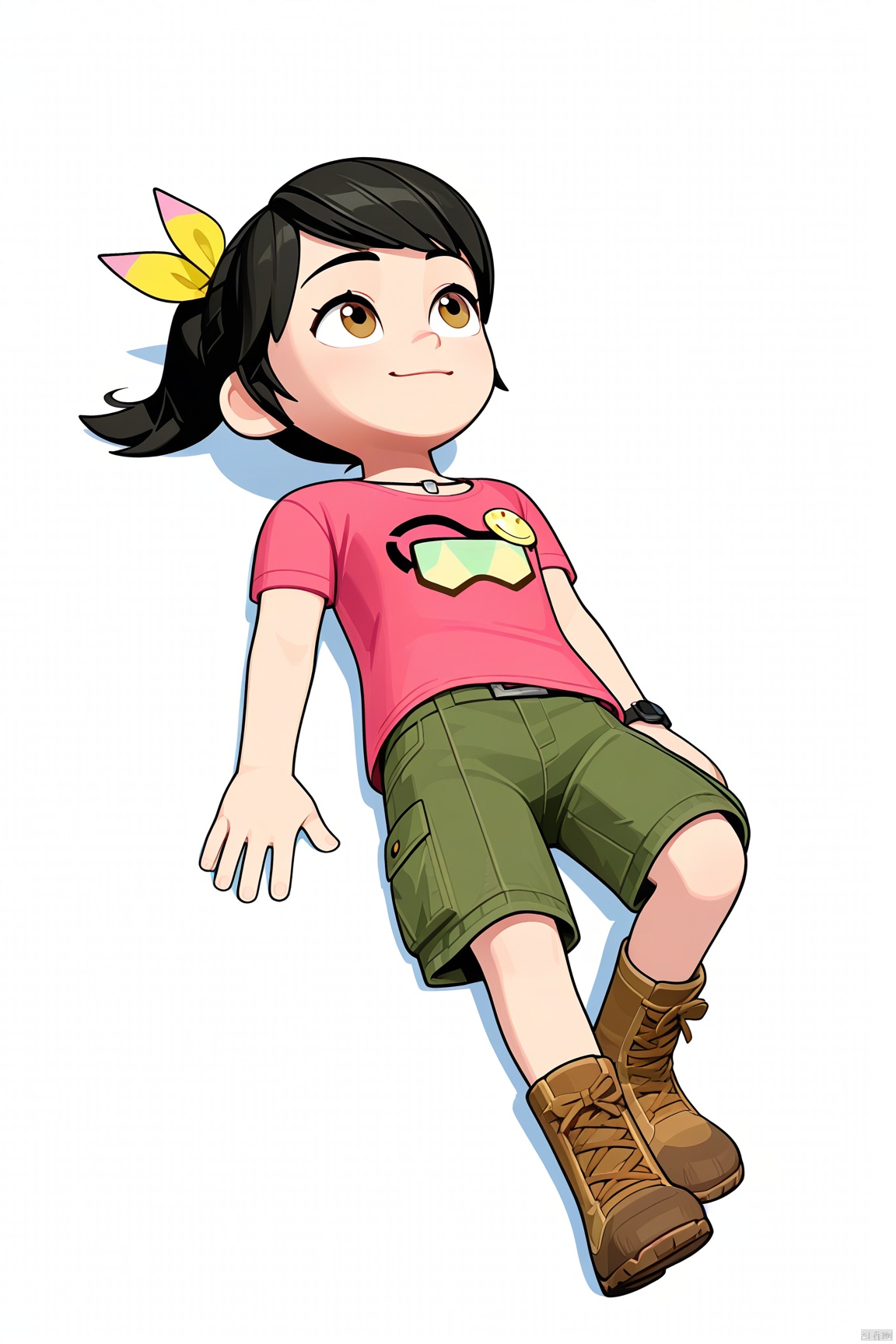 1girl,Pink t-shirt,ponytail,Hair ribbon,Green shorts,boots,lying-on-back_chibi_full_body