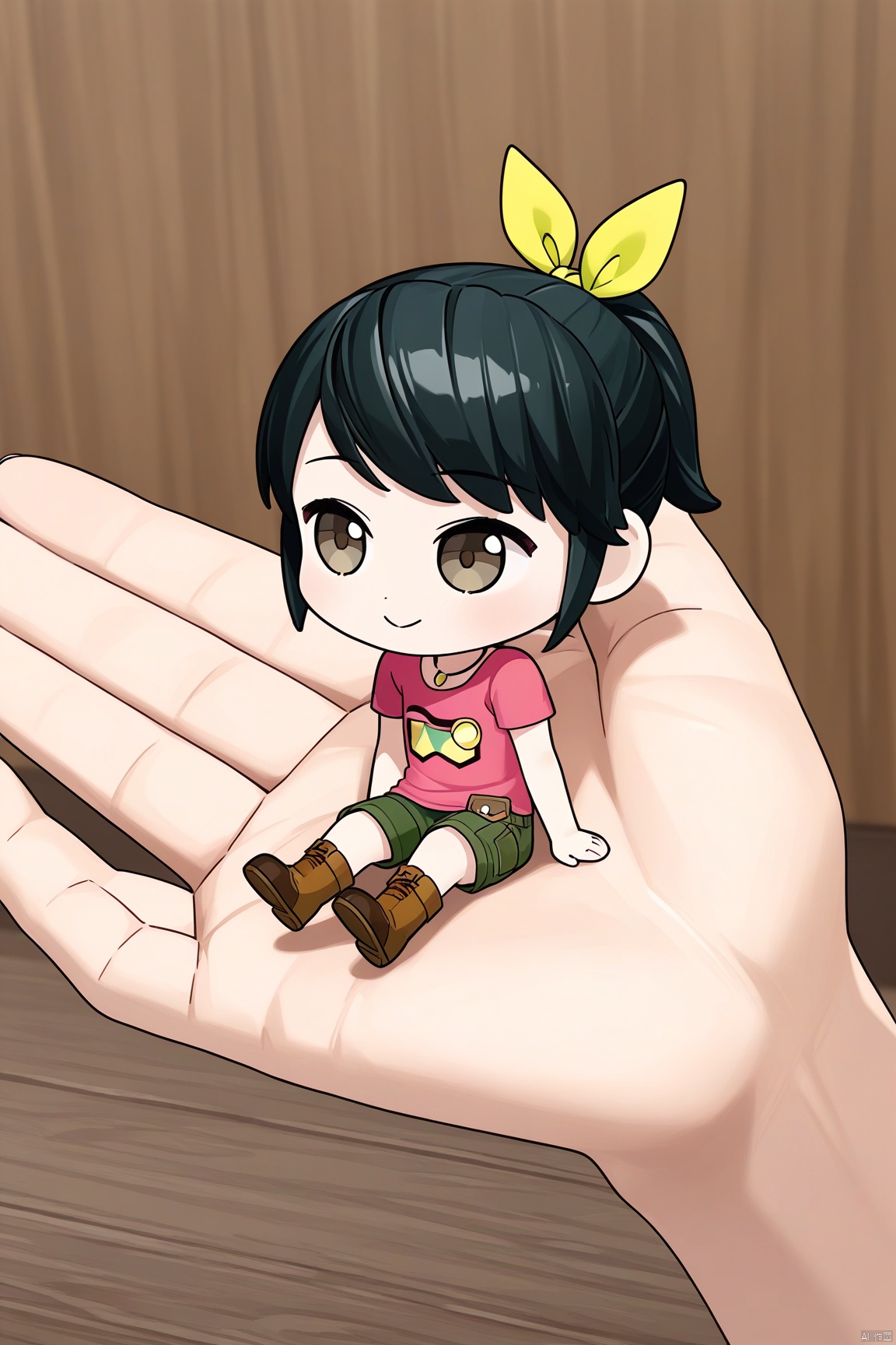 1girl,black hair,hair ribbon,Pink t-shirt,boots,Hair ribbon,Green shorts,ponytail,chibi, in palm, minigirl, sitting