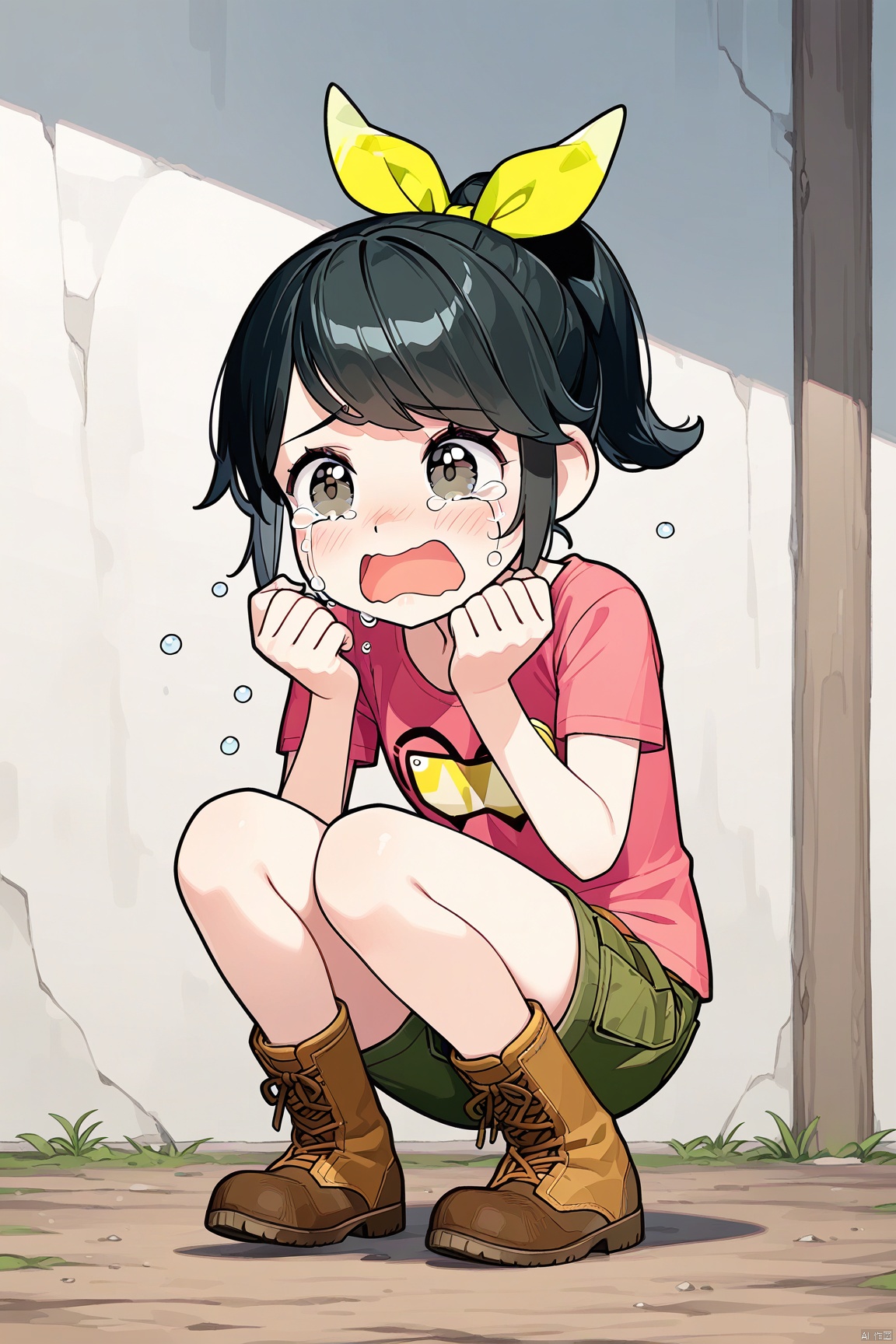 1girl,black hair,hair ribbon,Pink t-shirt,boots,Hair ribbon,Green shorts,ponytail,crying_tearing up_tears_blush_open mouth