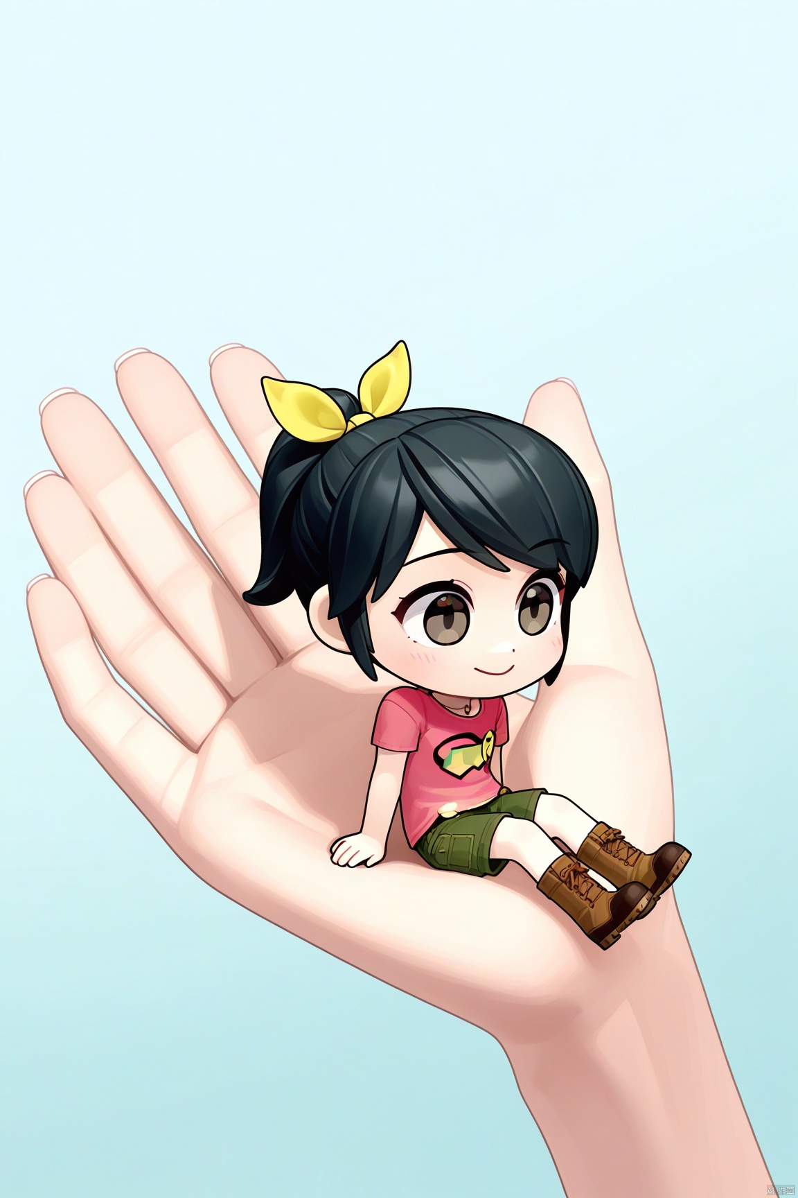 1girl,hair ribbon,black hair,Pink t-shirt,boots,Hair ribbon,Green shorts,ponytail,chibi, in palm, minigirl, sitting