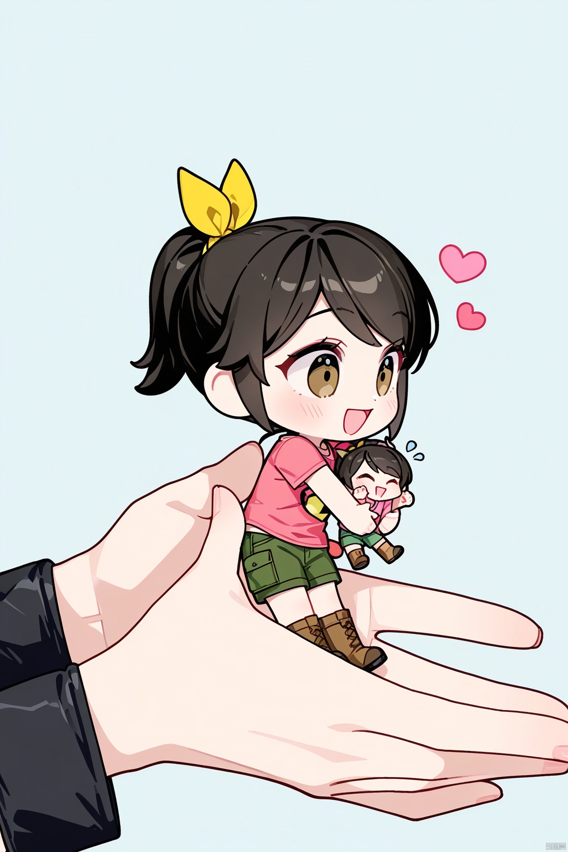 1girl,hair ribbon,Pink t-shirt,boots,Hair ribbon,Green shorts,ponytail,chibi, holding people in hands, heart