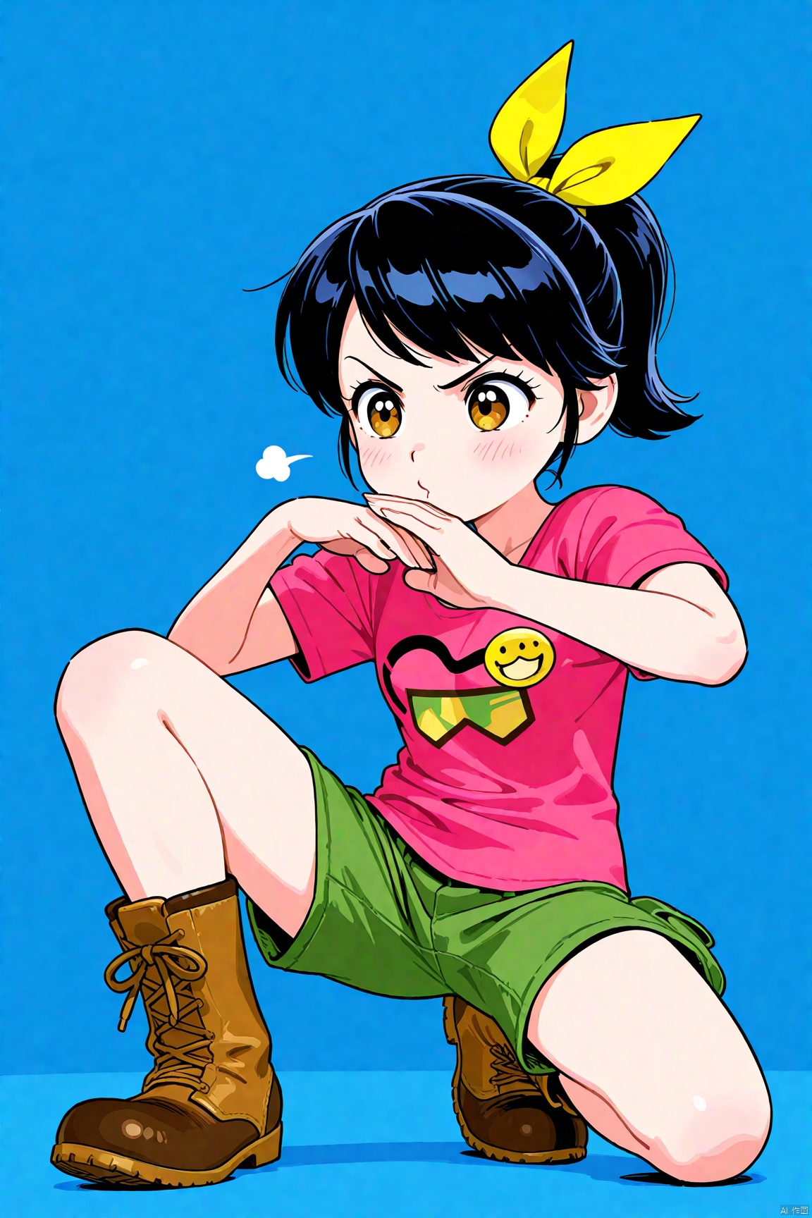 1girl, ponytail,Hair ribbon,Pink t-shirt,Green shorts,boots,ojou-sama_pose 