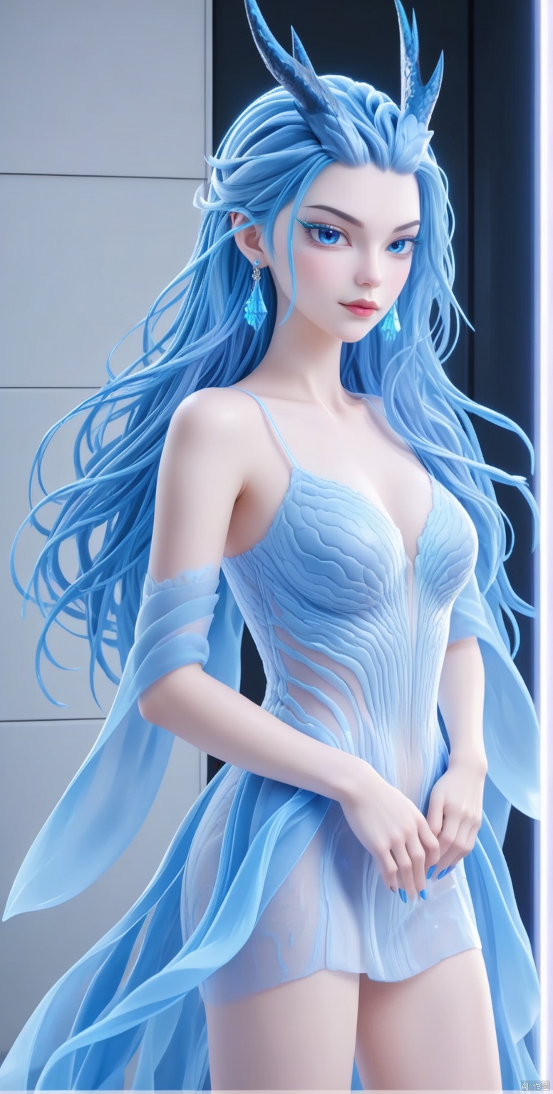 1girl,Delicate skin texture,,Long light blue hair,Blue eye shadow,Dragon horn with clear texture,Blue eyes,Earrings,Blue nails,Stand,Pride,Confidence,T-stage,Natural expression,