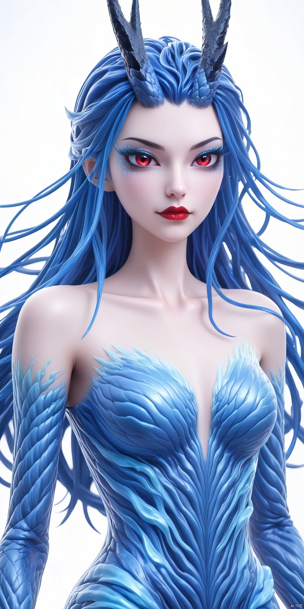 1girl,solo,long hair,breasts,looking at viewer,red eyes,bare shoulders,blue hair,collarbone,horns,eyelashes,makeup,monster girl,red lips,eyeliner,eyeshadow,Scales,
