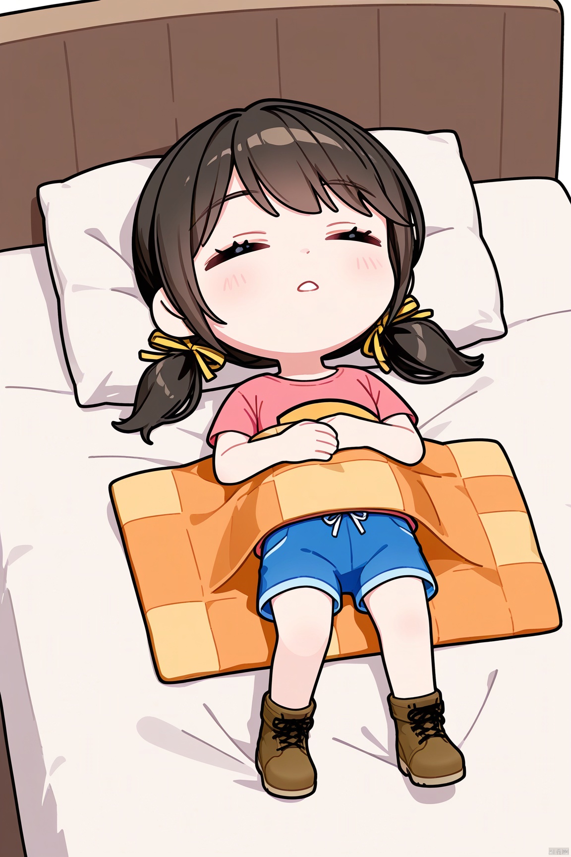 1girl,hair ribbon,low twintails,blue shorts,Pink t-shirt,ankle boots,chibi, lying, sleeping, on back, blanket, pillow
