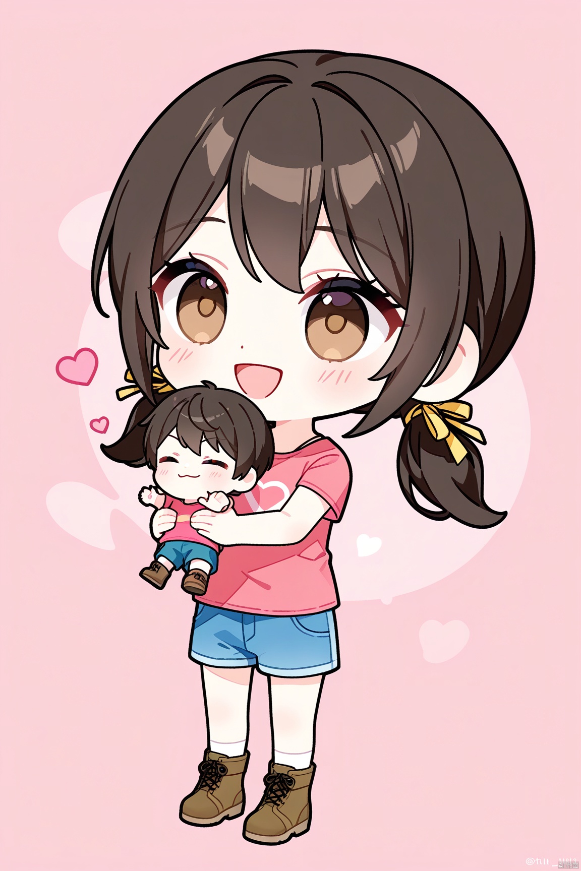 1girl,hair ribbon,low twintails,blue shorts,Pink t-shirt,ankle boots,chibi, holding people in hands, heart