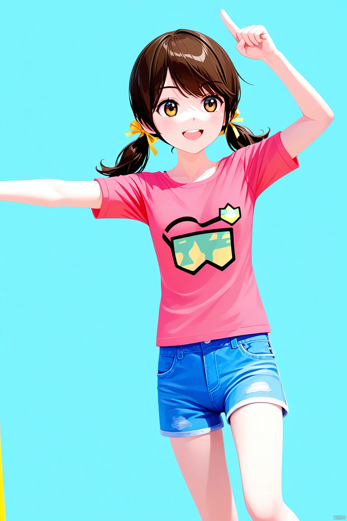 1girl,hair ribbon, twintails,blue shorts,Pink t-shirt,
