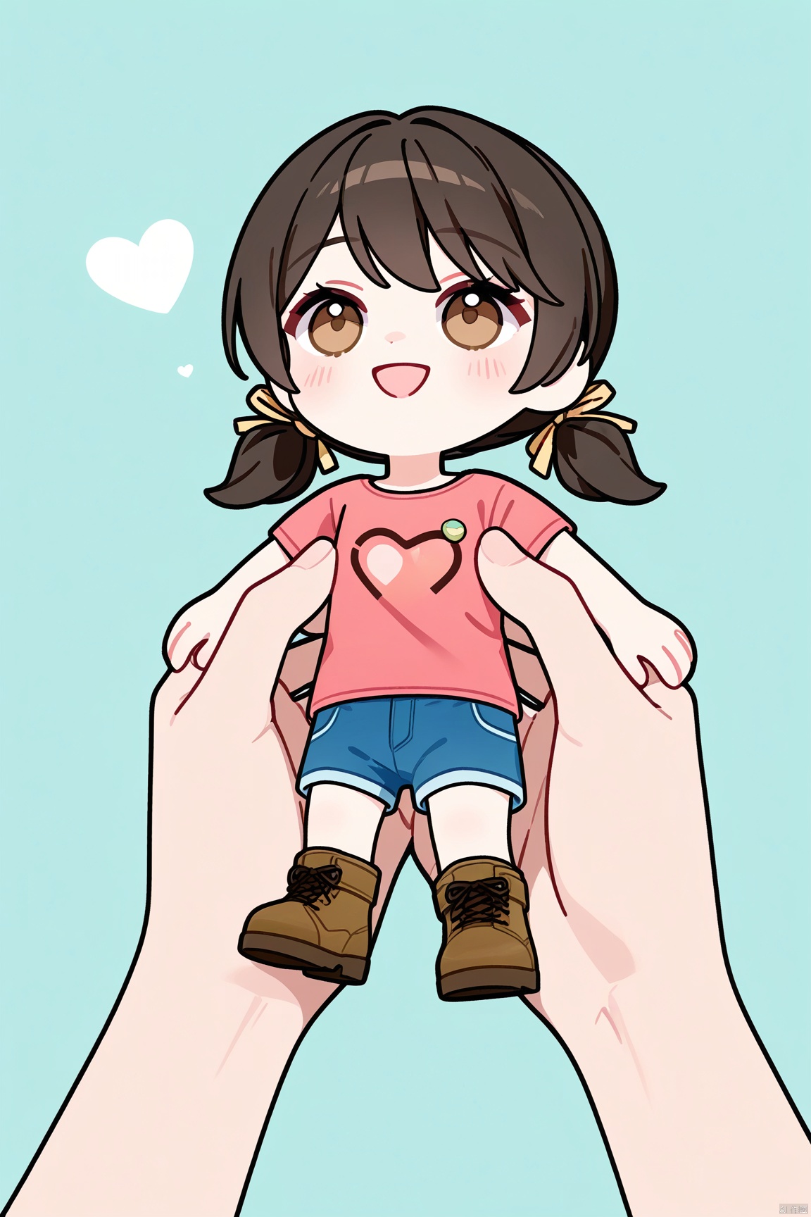 1girl,hair ribbon,low twintails,blue shorts,Pink t-shirt,ankle boots,chibi, holding people in hands, heart
