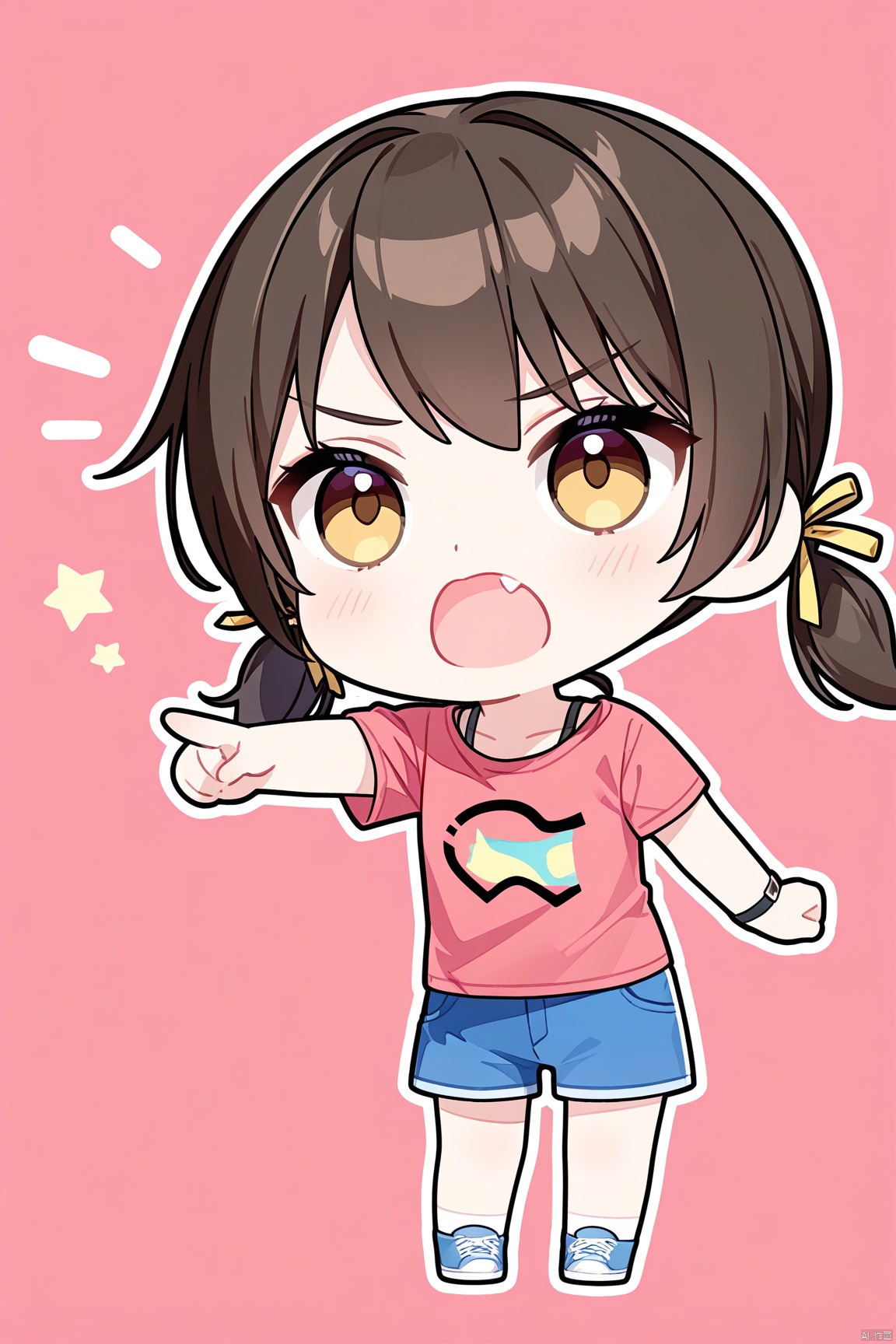 1girl,hair ribbon, twintails,blue shorts,Pink t-shirt,pointing, chibi, fang, open mouth