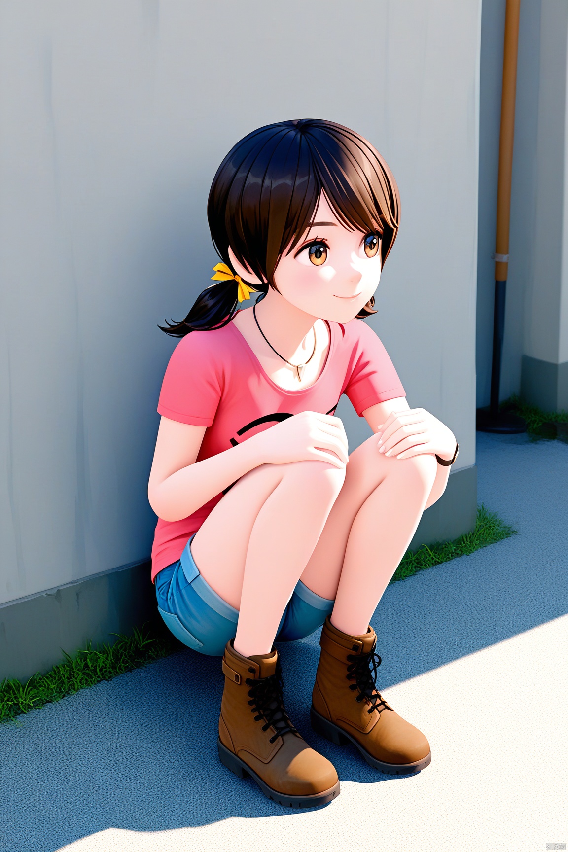 1girl,hair ribbon,low twintails,blue shorts,Pink t-shirt,ankle boots,