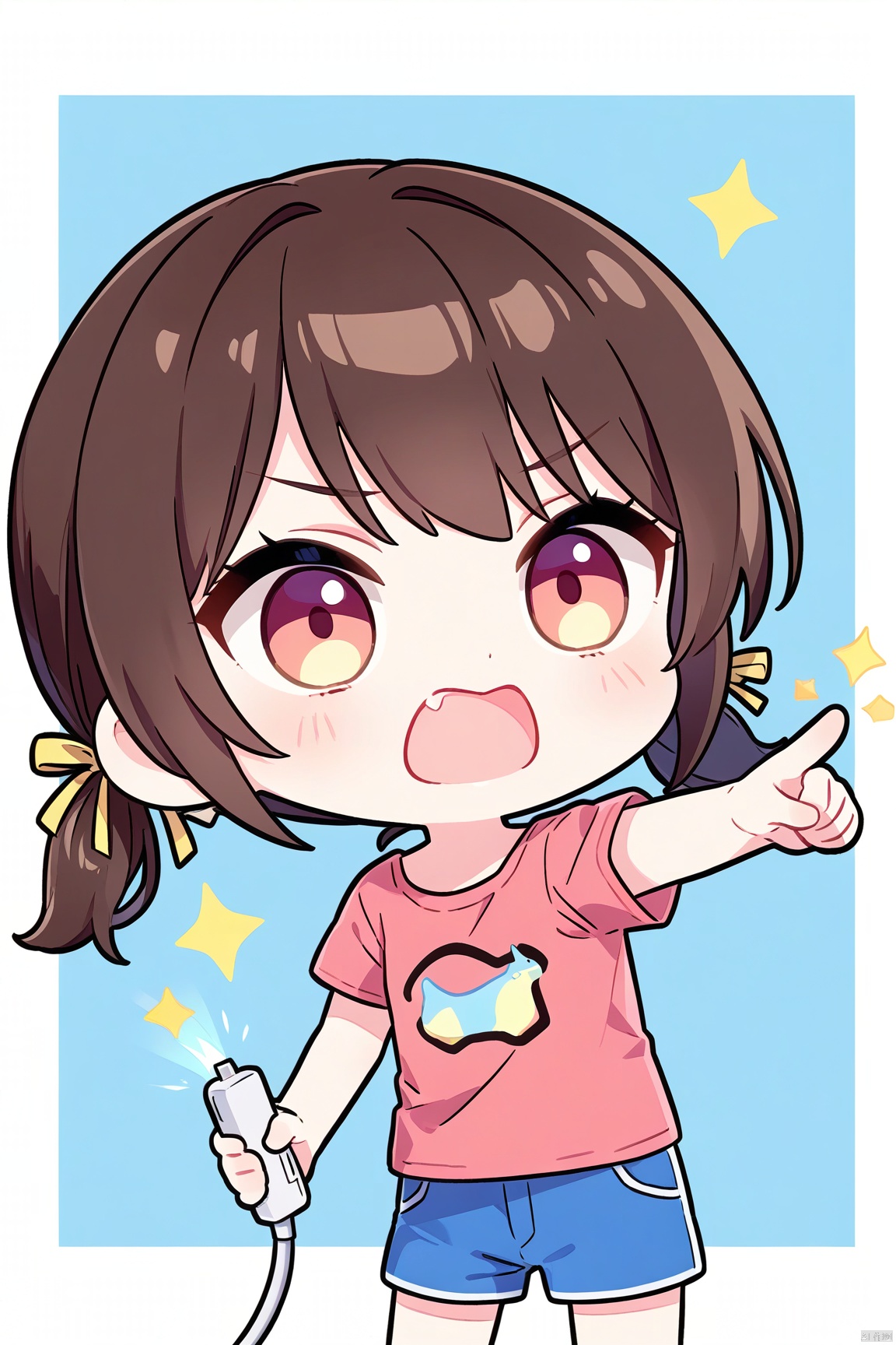 1girl,hair ribbon, twintails,blue shorts,Pink t-shirt,pointing, chibi, fang, open mouth,chibi, holding charging cable