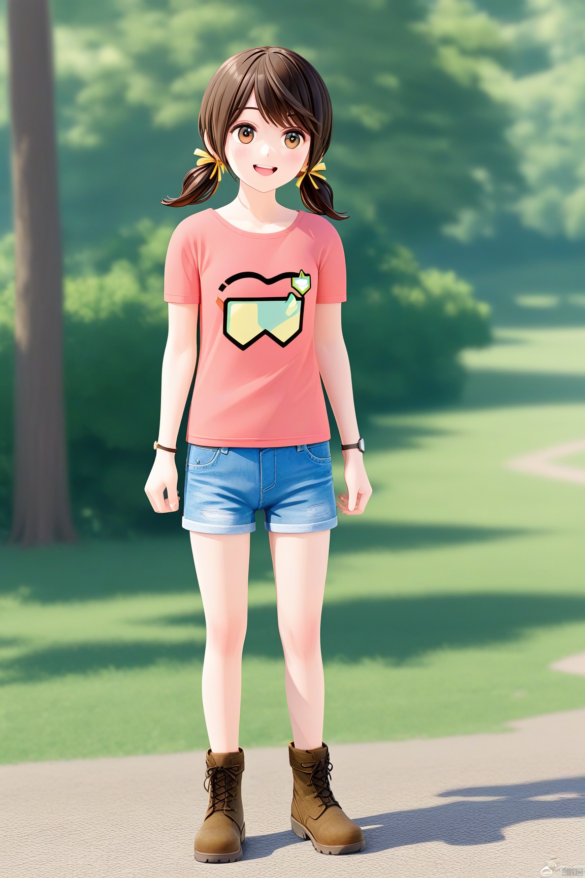 1girl,hair ribbon,low twintails,blue shorts,Pink t-shirt,ankle boots,