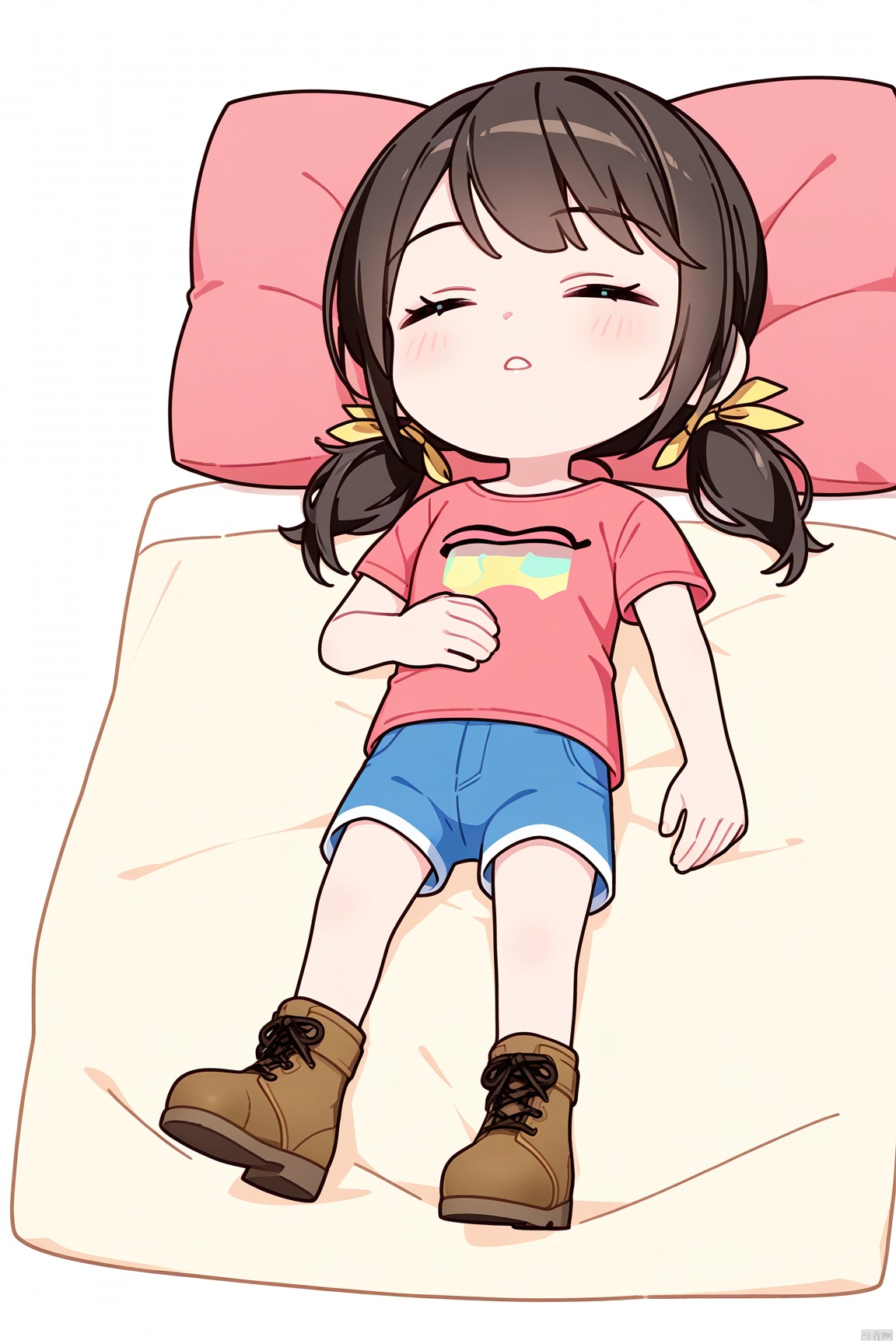 1girl,hair ribbon,low twintails,blue shorts,Pink t-shirt,ankle boots,chibi, lying, sleeping, on back, blanket, pillow