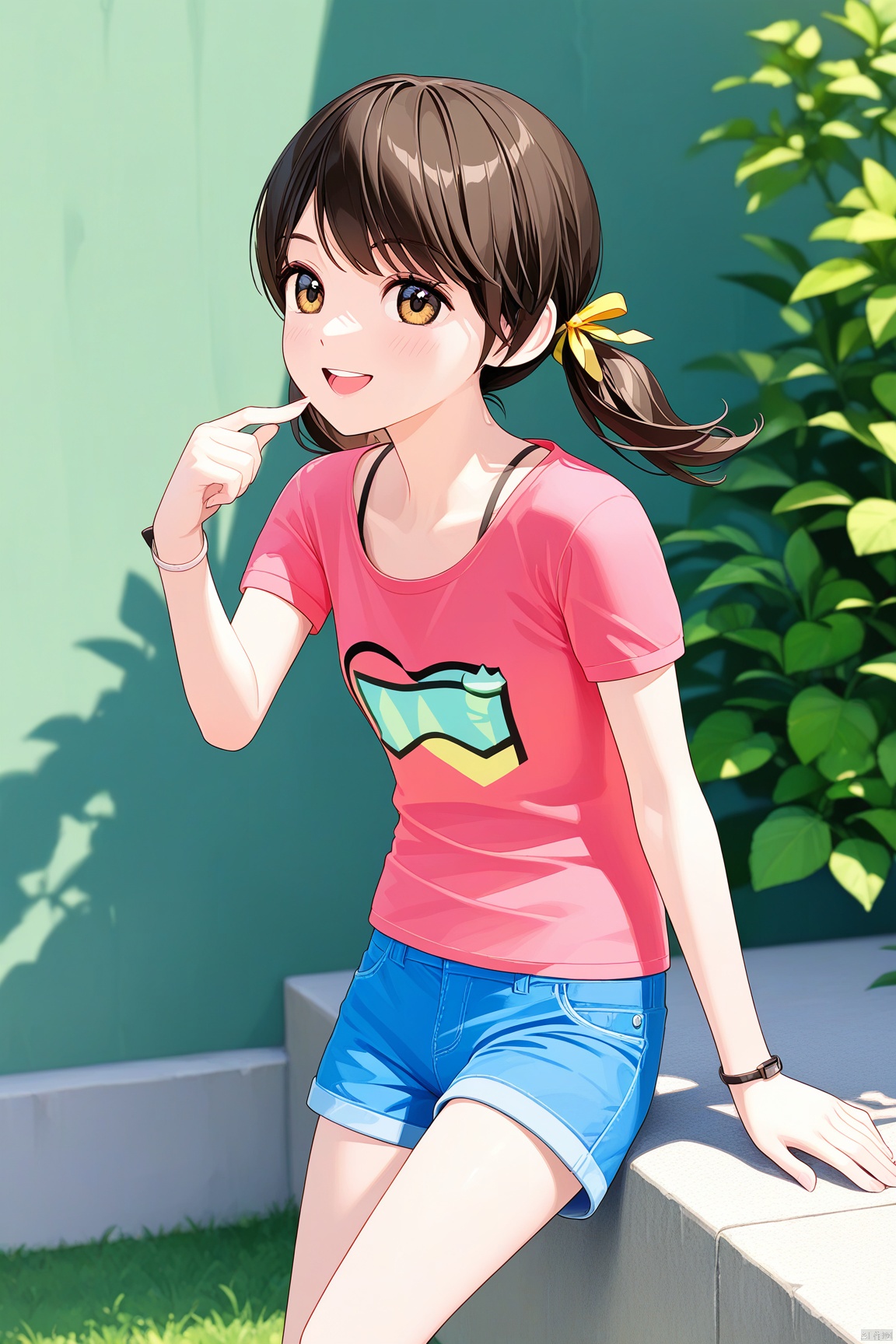1girl,hair ribbon, twintails,blue shorts,Pink t-shirt,
