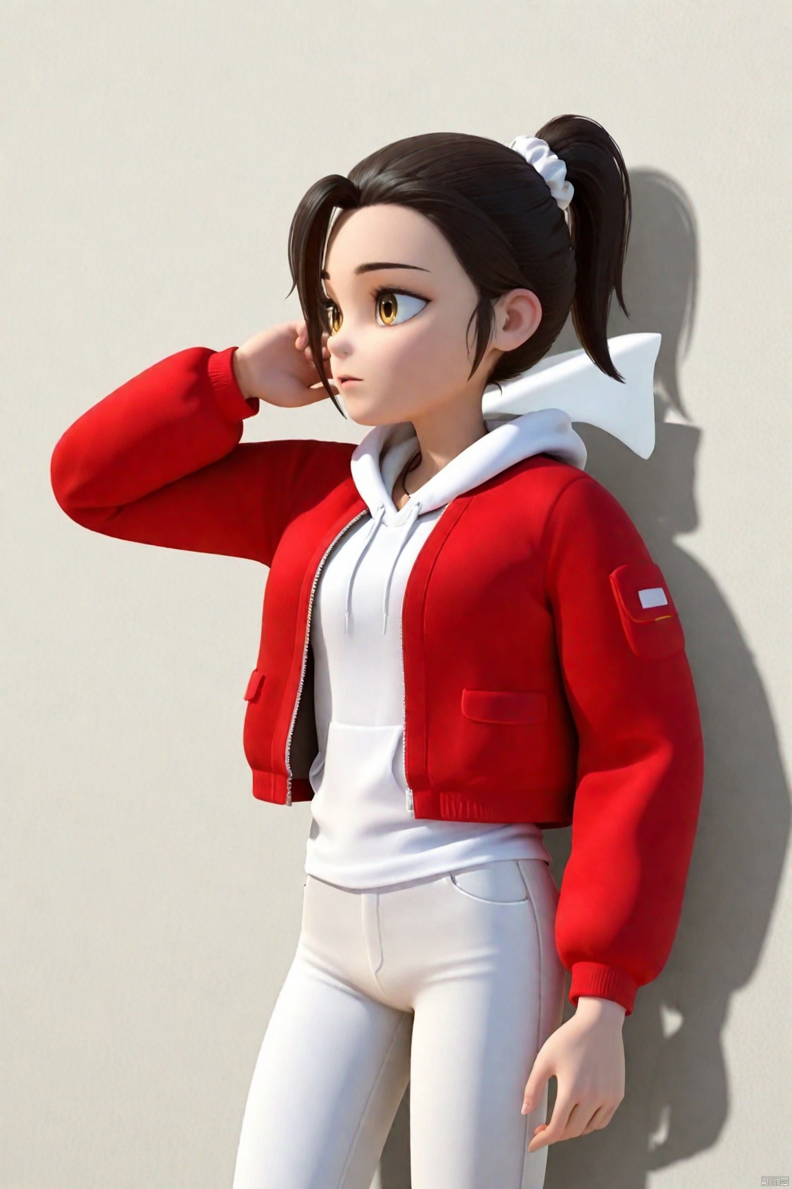 1girl,ponytail,hair scrunchie,Red jacket,White hoodie,White pants,