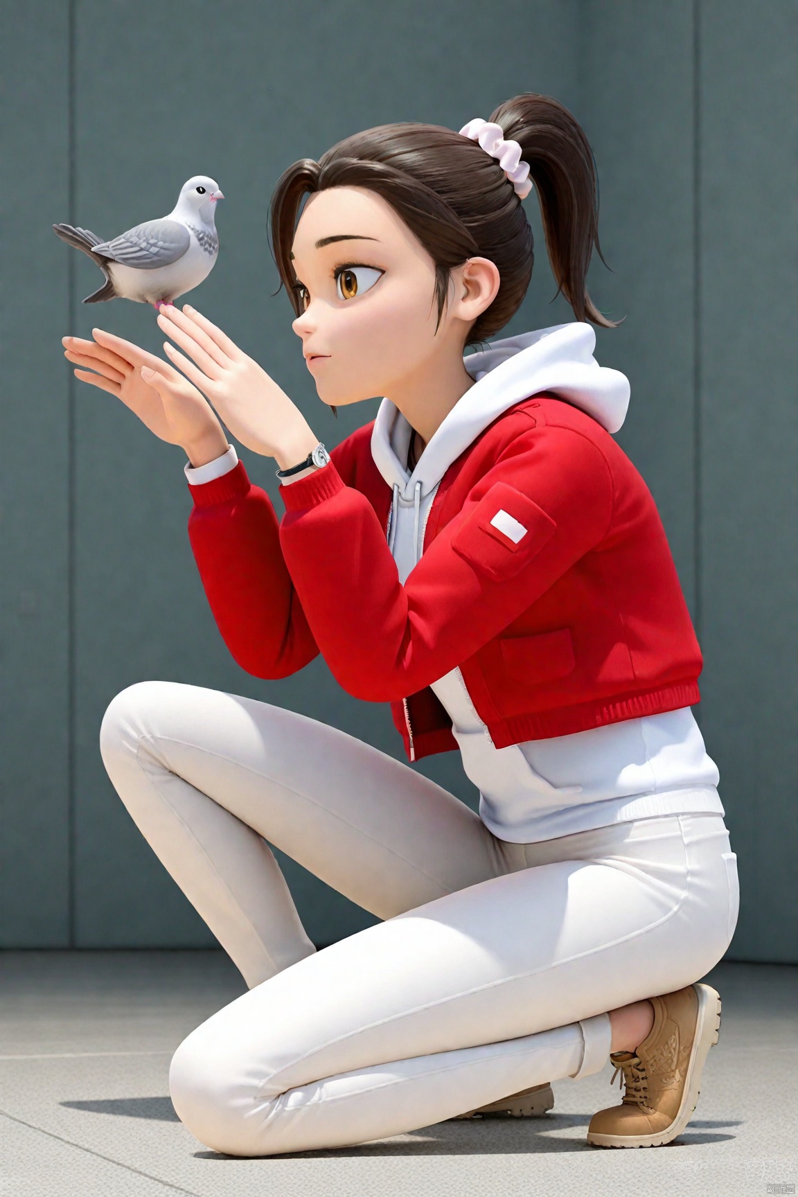 1girl,ponytail,hair scrunchie,Red jacket,White hoodie,White pants,pigeon pose