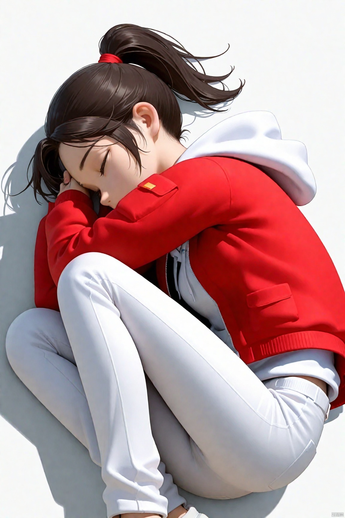 1girl,ponytail,,Red jacket,White hoodie,White pants,fetal position