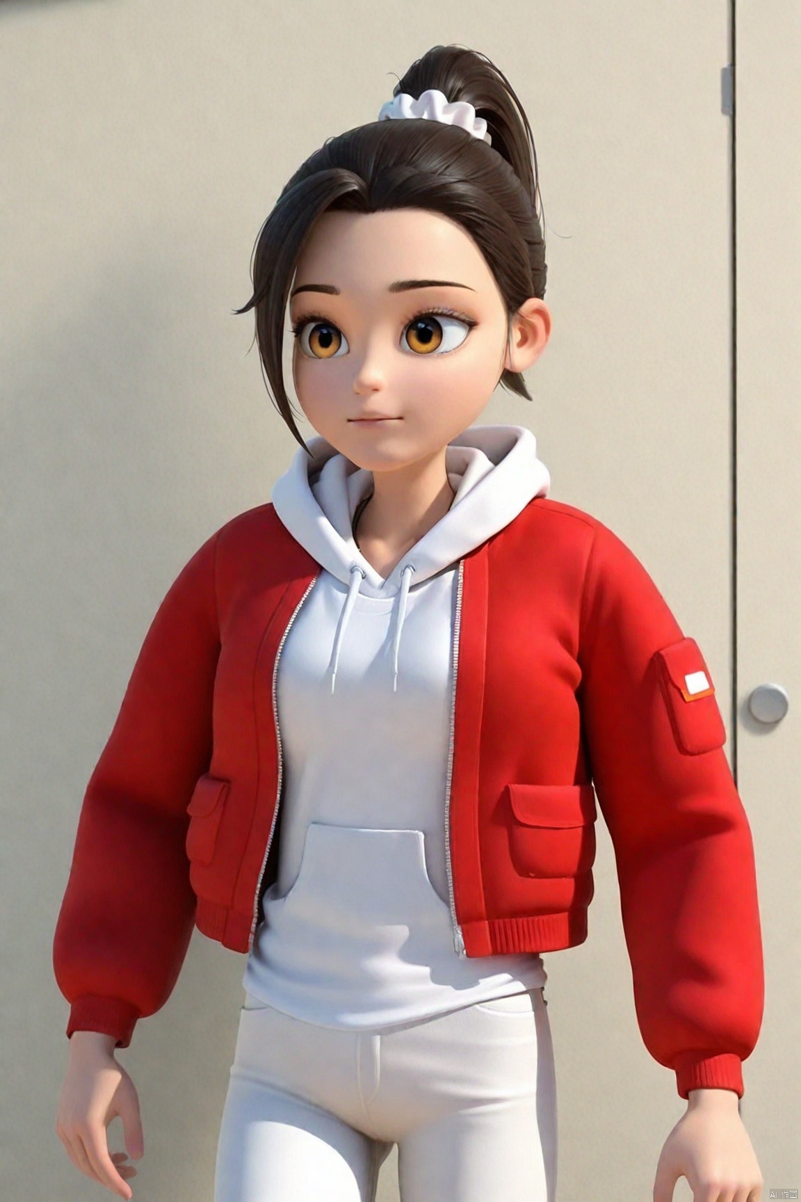 1girl,ponytail,hair scrunchie,Red jacket,White hoodie,White pants,