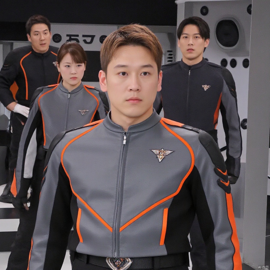 guts-s-d,black pants,grey jacket,collar,belt,logo,uniform,jacket,gloves,boots,emblem,pants,white gloves,black footwear,grey jacket with orange line