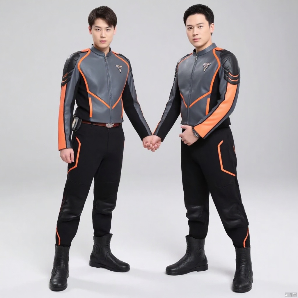 guts-s-d,black pants,grey jacket,collar,belt,logo,uniform,jacket,gloves,boots,emblem,pants,white gloves,black footwear,grey jacket with orange line