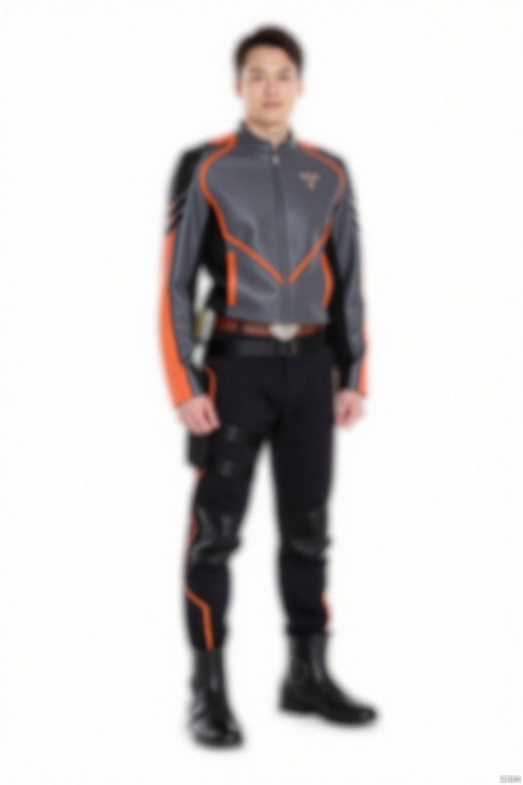 guts-s-d,black pants,grey jacket,collar,belt,logo,uniform,jacket,gloves,boots,emblem,pants,white gloves,black footwear,grey jacket with orange line