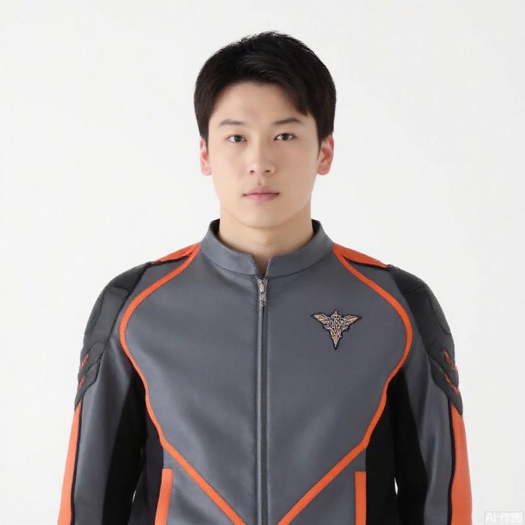 masterpiece, best quality,solo,(white background:1.2),simple background,
looking at viewer,guts-s-d,grey jacket,collar,belt,logo,uniform,emblem,grey jacket with orange line
