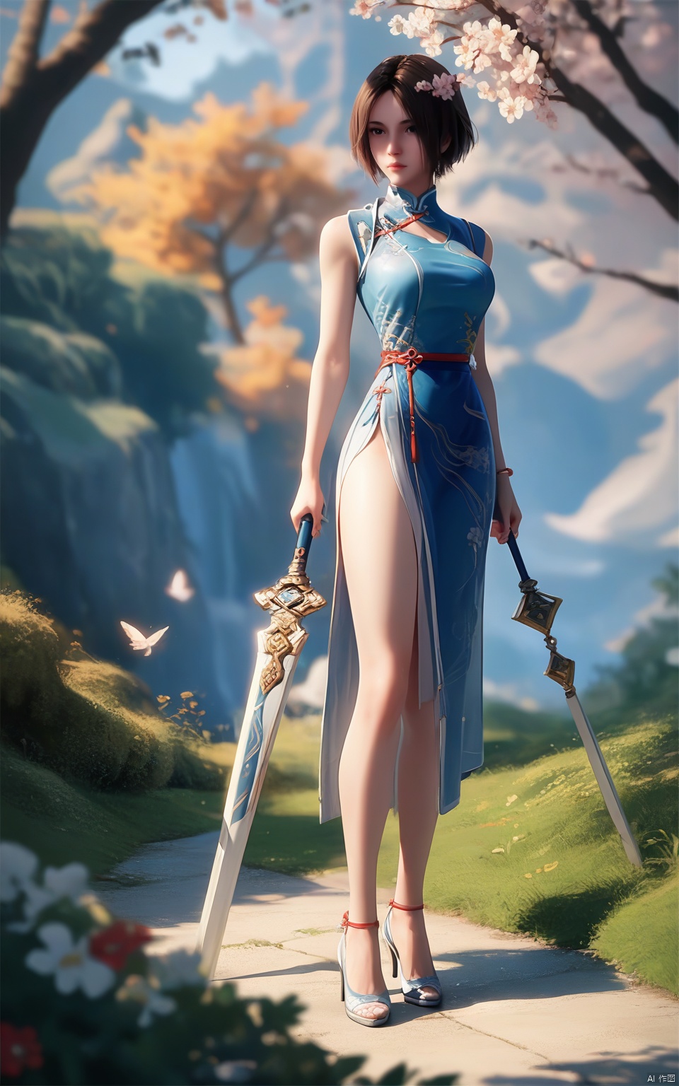 score_9, score_8_up, score_7_up,highly detailed digital,CG,1girl, solo, short hair, breasts, brown hair, closed mouth, black eyes,chinese clothes,outdoors,tree,standing, full body,depth of field,weapon,high heels,