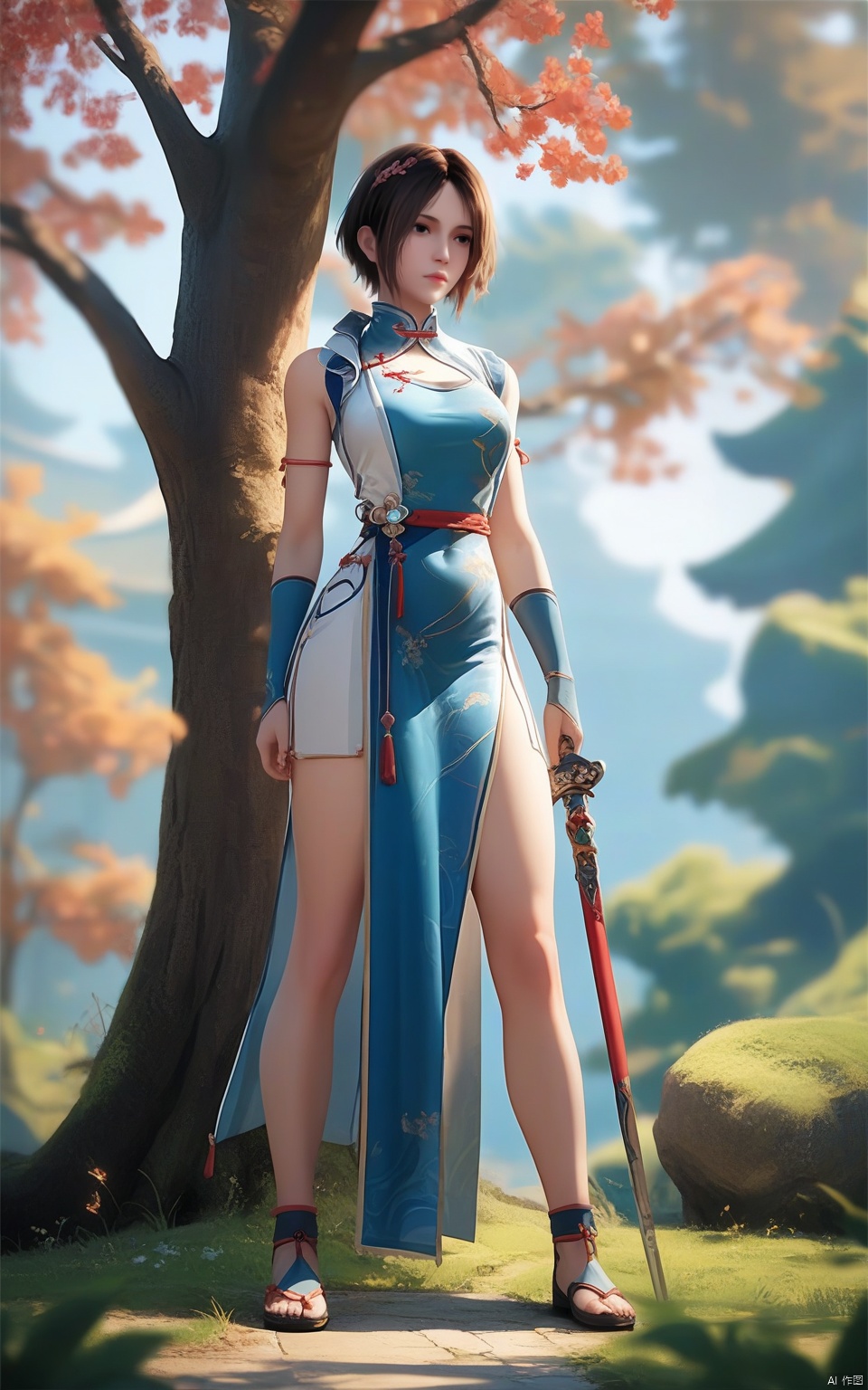score_9, score_8_up, score_7_up,highly detailed digital,CG,1girl, solo, short hair, breasts, brown hair, closed mouth, black eyes,chinese clothes,outdoors,tree,standing, full body,depth of field,weapon