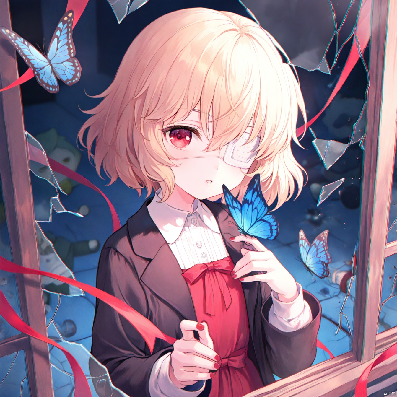 masterpiece,best quality,high quality,loli,chromatic_aberration,Light Blue Theme,
//,
butterfly,bug,red eyes,broken glass,broken window,1girl,eyepatch,crack,glass,red nails,looking at viewer,jacket,window,short hair,shirt,solo,black jacket,butterfly on hand,parted lips,black hair,long sleeves,one eye covered,ribbon,white shirt,collared shirt,red ribbon,medical eyepatch,bow,blonde hair,red dress,nail polish,doll,dress,hair between eyes,red bow,
//,
year_2023,year_2024,
//,
official art,depth of field,detailed light,blurry background,cinematic lighting,ray tracing,
amazing quality,very aesthetic,absurdres,beast quality,ultra detailed,