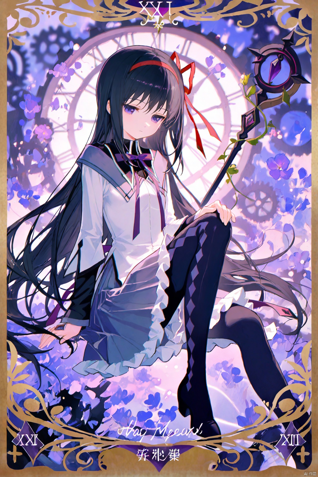 masterpiece,best quality,high quality,loli,chromatic_aberration,Light Blue Theme,
//,
akemi homura, 1girl, long hair, tarot, gears, black hair, tarot (medium), ribbon, solo, purple eyes, roman numeral, sitting, argyle legwear, skirt, pantyhose, argyle clothes, long sleeves, jacket, purple skirt, red ribbon, knee up, character name, flower, hairband, black pantyhose, white jacket, hand on own knee, full body, purple theme, magical girl, hair ribbon, card (medium), very long hair, neck ribbon, purple ribbon, purple flower, holding, closed mouth, soul gem, weapon, clock, boots, purple bowtie, frilled skirt, shirt, pleated skirt, halo, border, hourglass, bowtie, expressionless, staff, black footwear,
//,
year_2023,year_2024,
//,
official art,depth of field,detailed light,blurry background,cinematic lighting,ray tracing,
amazing quality,very aesthetic,absurdres,beast quality,ultra detailed,