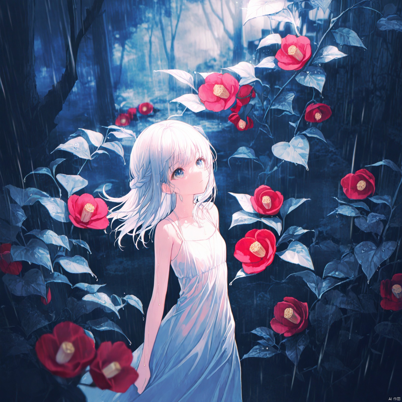 masterpiece,best quality,high quality,loli,chromatic_aberration,Light Blue Theme,
//,
late at night,dark, light rain,dark, (((green, silver, glimmer)), limited palette, contrast, phenomenal aesthetic, best quality, sumptuous artwork, (masterpiece), (best quality), (ultra-detailed), (((illustration))), ((an extremely delicate and beautiful)), (detailed light), light rain,dark,(((camellia))), camellia, camellia,vines, forest, ruins, Blurred picture, lens flare, hdr, Tyndall effect,damp,wet, 1girl, bare shoulders, white hair, blinking, white dress, closed mouth, constel lation, flat color, braid, blinking, white robe, float, closed mouth, constel lation, flat color, looking up, standing, medium hair, standing, solo,
//,
year_2023,year_2024,
//,
official art,depth of field,detailed light,blurry background,cinematic lighting,ray tracing,
amazing quality,very aesthetic,absurdres,beast quality,ultra detailed,