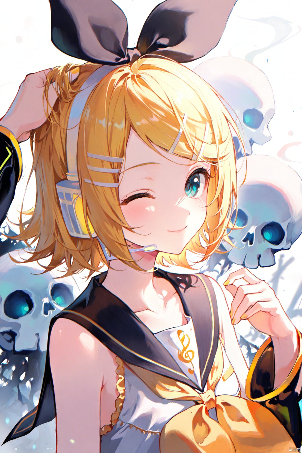 masterpiece,best quality,high quality,loli,chromatic_aberration,Light Blue Theme,
//,
kagamine rin,1girl,orange bow,blonde hair,bow,hair ornament,kagamine len,sailor collar,neckerchief,holding hands,treble clef,shirt,hair bow,yellow neckerchief,hairclip,black sailor collar,detached sleeves,looking at viewer,solo focus,upper body,skull,sleeveless,black sleeves,orange neckerchief,swept bangs,bass clef,white shirt,short hair,black bow,sleeveless shirt,hand in own hair,bare shoulders,skull print,two-tone bow,skull ornament,headset,headphones,aqua eyes,creature,on shoulder,one eye closed,brother and sister,light blush,black hairband,closed mouth,white background,bow hairband,hairband,frills,out of frame,collarbone,smile,hand on own head,short sleeves,hand up,blush,
//,
year_2023,year_2024,
//,
official art,depth of field,detailed light,blurry background,cinematic lighting,ray tracing,
amazing quality,very aesthetic,absurdres,beast quality,ultra detailed,