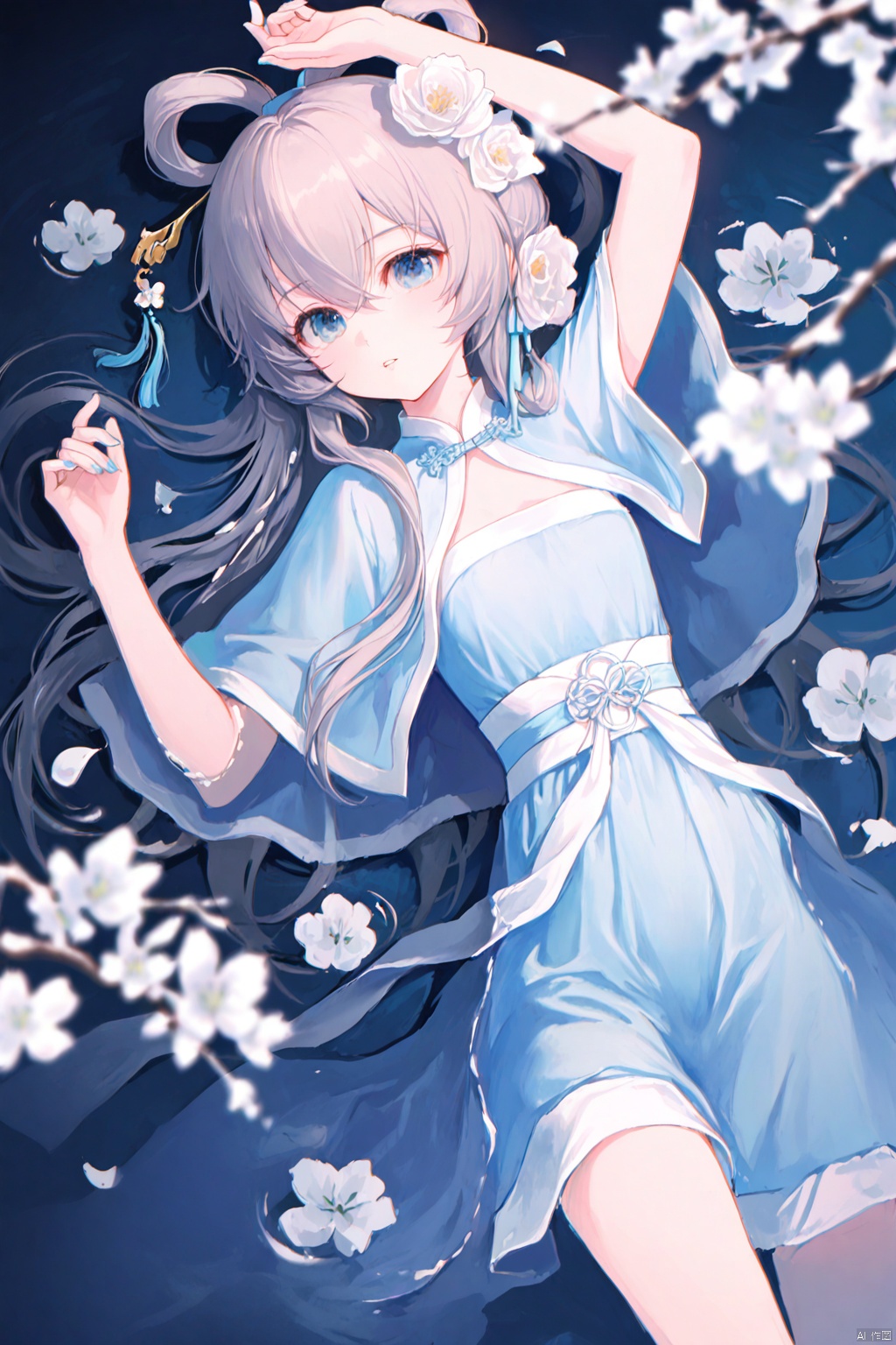 masterpiece,best quality,high quality,loli,chromatic_aberration,Light Blue Theme,
//,
1girl, solo, hair ornament, flower, hair rings, branch, dress, grey hair, long hair, water, lying, hair stick, nail polish, white flower, hair flower, blue dress, blurry, looking at viewer, on back, blue nails, depth of field, hair between eyes, parted lips, hanfu, afloat, arm up, partially submerged, blue eyes, chinese clothes, capelet, blurry foreground,
//,
year_2023,year_2024,
//,
official art,depth of field,detailed light,blurry background,cinematic lighting,ray tracing,
amazing quality,very aesthetic,absurdres,beast quality,ultra detailed,