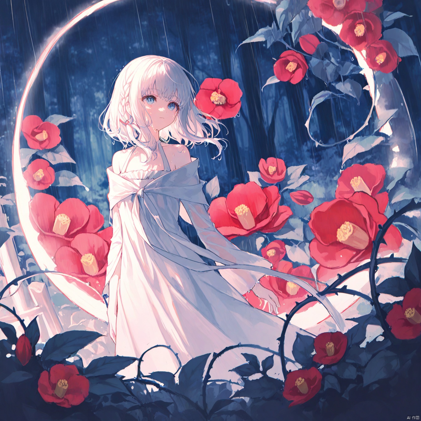 masterpiece,best quality,high quality,loli,chromatic_aberration,Light Blue Theme,
//,
late at night,dark, light rain,dark, (((green, silver, glimmer)), limited palette, contrast, phenomenal aesthetic, best quality, sumptuous artwork, (masterpiece), (best quality), (ultra-detailed), (((illustration))), ((an extremely delicate and beautiful)), (detailed light), light rain,dark,(((camellia))), camellia, camellia,vines, forest, ruins, Blurred picture, lens flare, hdr, Tyndall effect,damp,wet, 1girl, bare shoulders, white hair, blinking, white dress, closed mouth, constel lation, flat color, braid, blinking, white robe, float, closed mouth, constel lation, flat color, looking up, standing, medium hair, standing, solo,
//,
year_2023,year_2024,
//,
official art,depth of field,detailed light,blurry background,cinematic lighting,ray tracing,
amazing quality,very aesthetic,absurdres,beast quality,ultra detailed,